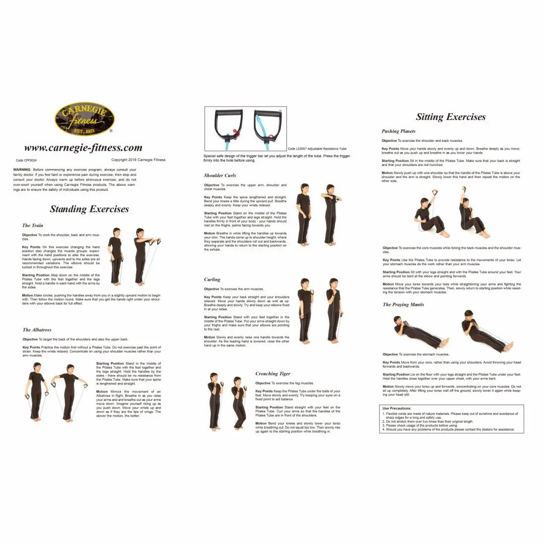 Das Bild zeigt ein Infoblatt mit Anleitungen für Standing Exercises, Schulter-, Arm-, Rücken- und Bauchübungen, inklusive Fotos der richtigen Ausführung und wichtigen Hinweise für eine sichere Durchführung.
