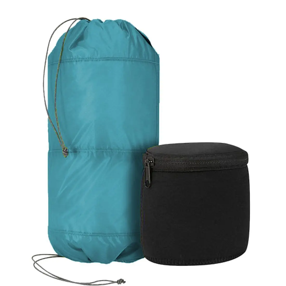 Trekmates Bag 6L Packbeutel mit 2 Neopren Taschen Packsack beidseitig befüllbar Ein faltbarer blauer Rucksack mit Kordelzug neben einer schwarzen runden Aufbewahrungstasche mit Reißverschluss.