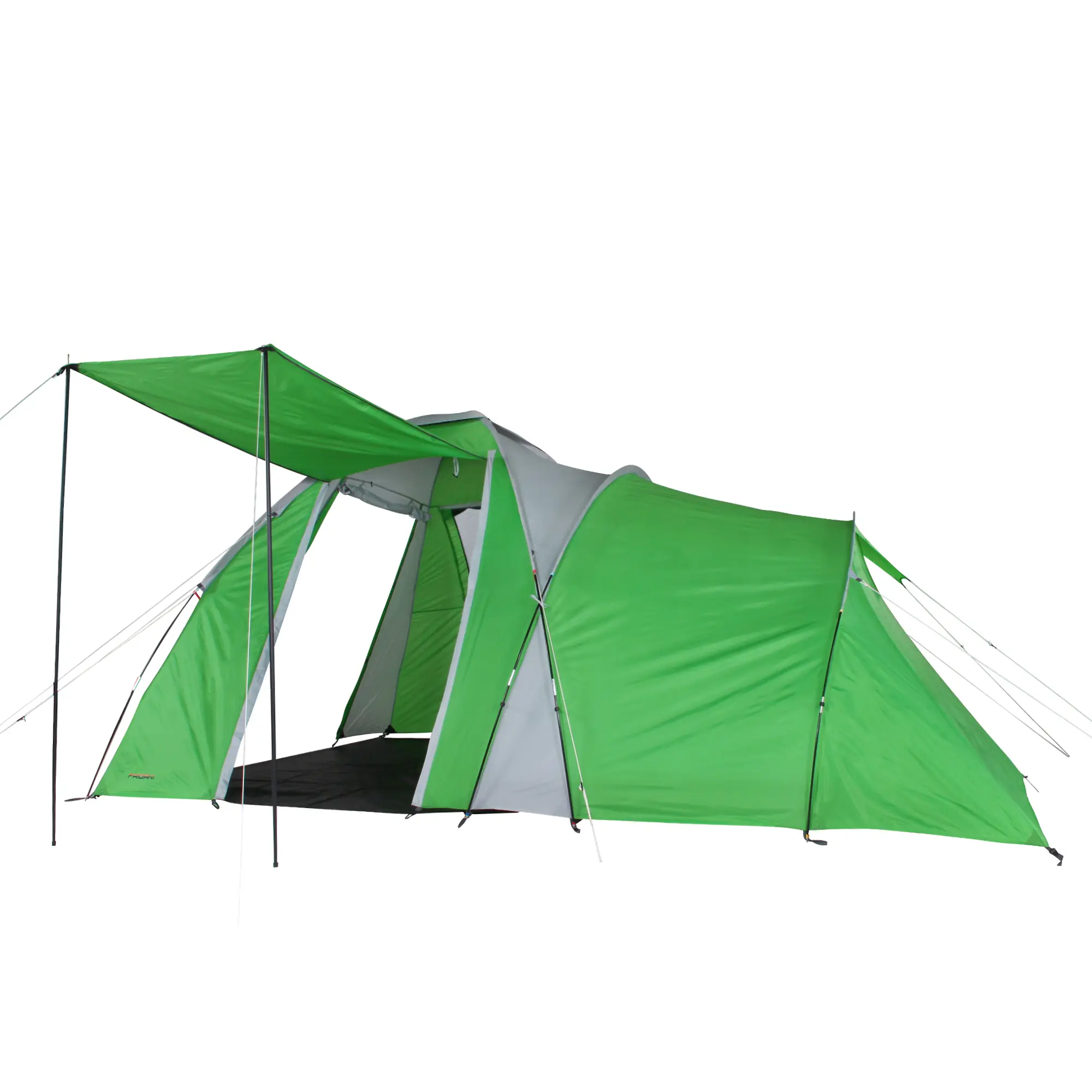 Ein großes, grünes und graues Campingzelt mit mehreren Abteilen, das auf einem weißen Hintergrund steht. Es hat ein ausgeklapptes Vordach und viele gespannte Abspannseile.