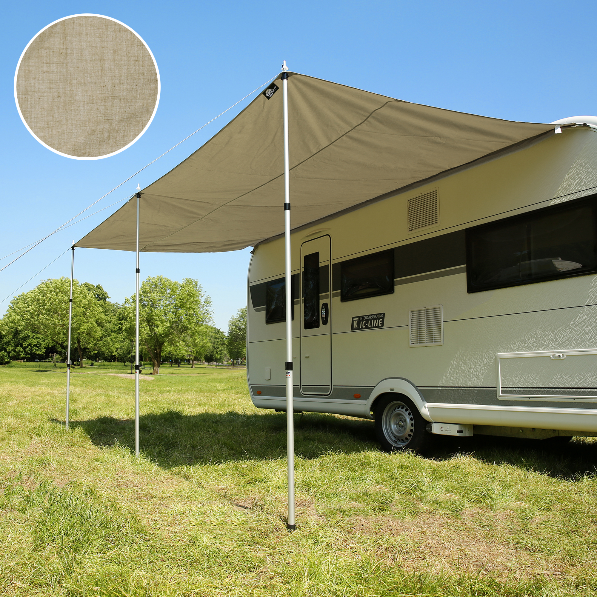 your GEAR Caravan Tarp TC 300 x 240 Wohnwagen Sonnendach inkl. Aufstellstangen Baumwoll-Sonnensegel
