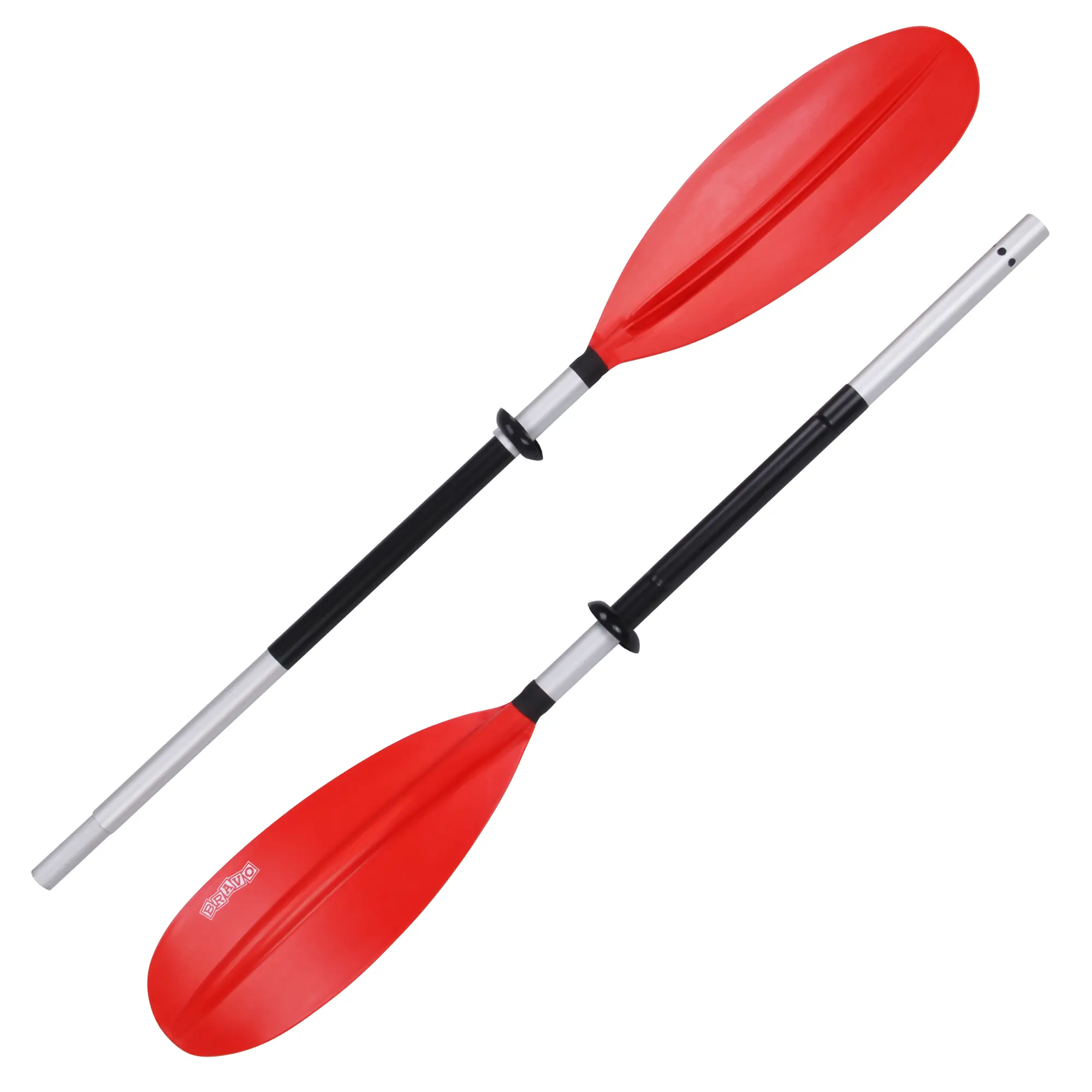 Blueborn KWB 220-2 - Aluminium Doppelpaddel 220cm, asymetrische verstellbare Paddelblätter, 1085g Zwei rote Paddel mit schwarzen und silbernen Griffen liegen übereinander auf einem weißen Hintergrund, wobei die Paddelblätter in entgegengesetzte Richtungen zeigen.