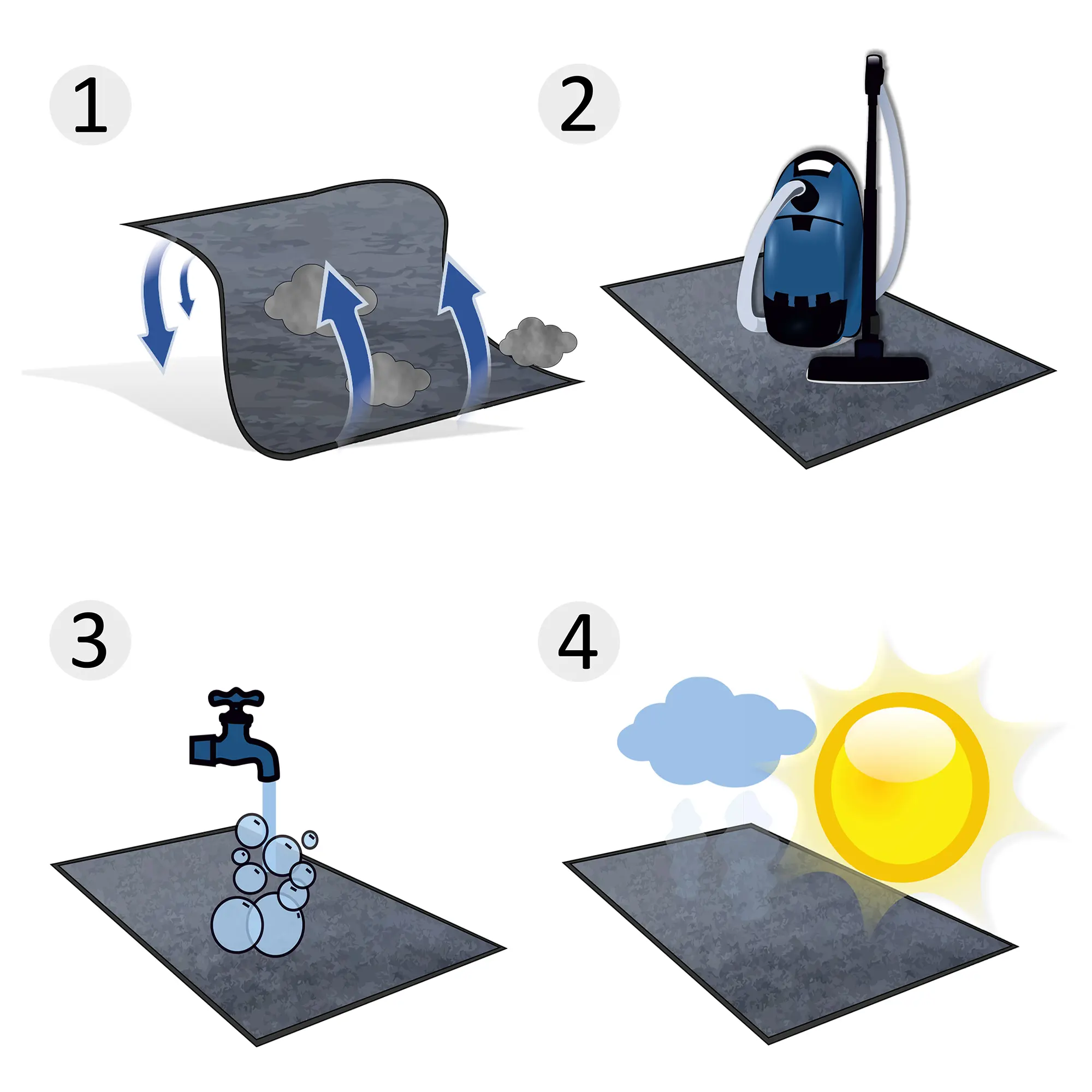 L'image montre quatre étapes du nettoyage d'un tapis : secouer la poussière, passer l'aspirateur, laver avec de l'eau et du savon, puis laisser sécher au soleil.