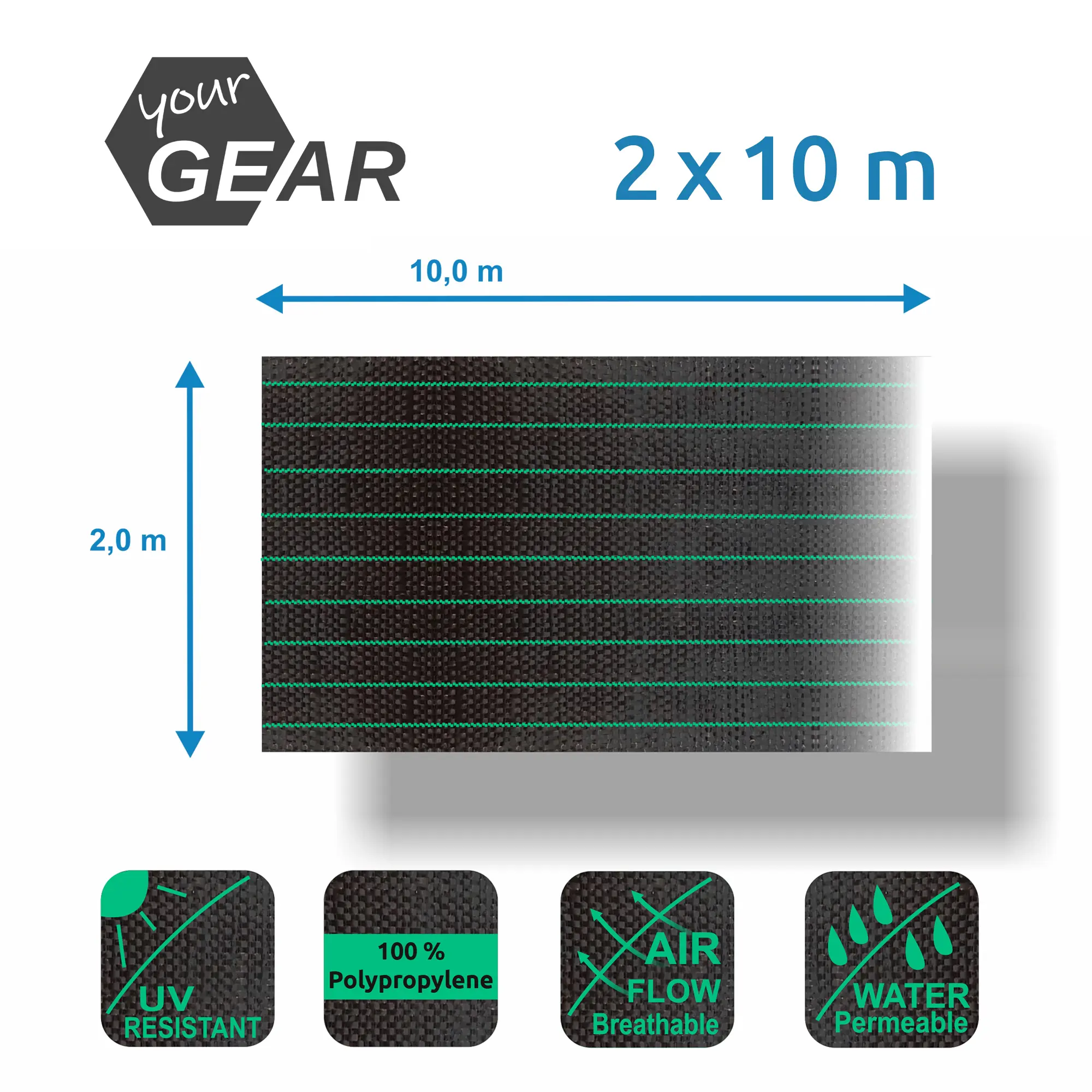 Das Bild zeigt eine schwarze, atmungsaktive und wasserdurchlässige Polypropylen-Gewebeplane mit UV-Schutz, die 2 x 10 Meter misst; das YourGEAR-Logo befindet sich oben links, umgeben von Text und Symbolen zu den Produkteigenschaften.