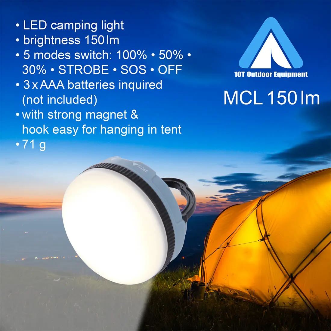 Ein tragbares LED-Lampen zum Camping mit 150 Lumen, mehreren Lichtmodi, Magnet und Haken zum Aufhängen, Gewicht 71 g, betrieben mit 3 AAA-Batterien (nicht inklusive).