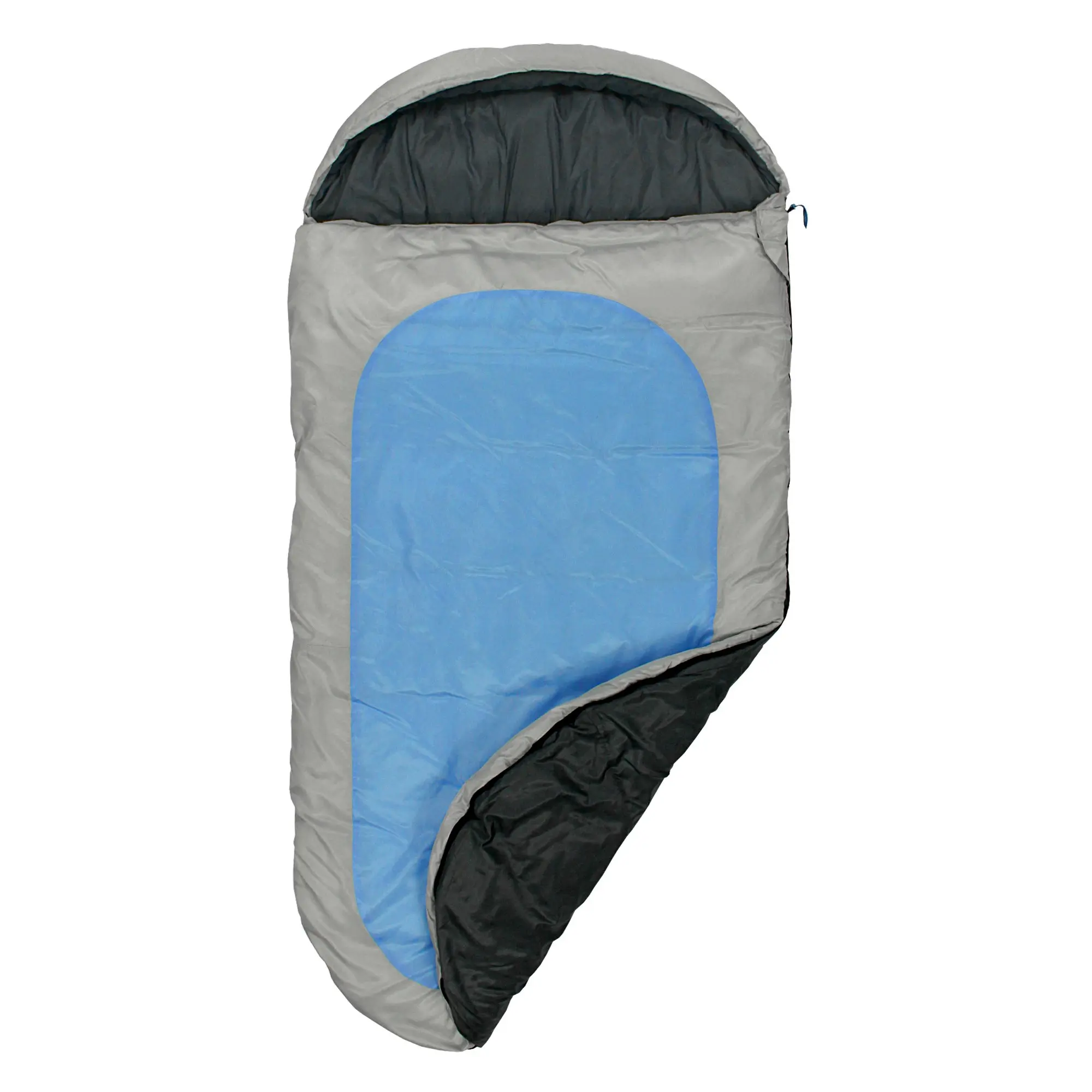 Ein rechteckiger Schlafsack in Grau mit blauem Innenbereich und teilweise geöffneter schwarzer Innenfutter, liegt auf einem weißen Hintergrund.