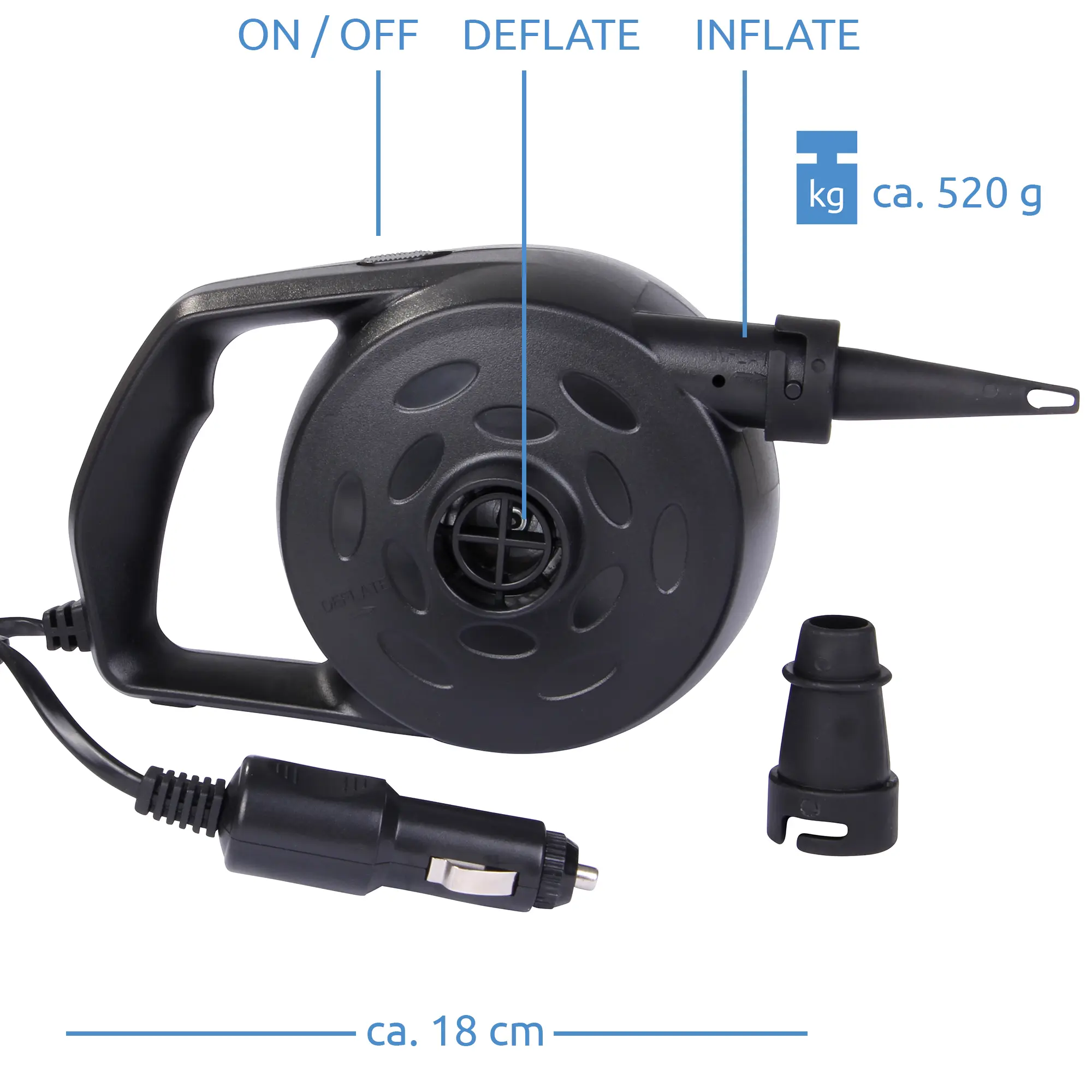 Une pompe à air électrique noire pesant environ 520 g et mesurant environ 18 cm, avec une prise allume-cigare, un embout allongé pour gonfler et dégonfler, ainsi que des inscriptions indiquant les fonctions ON/OFF, DEFLATE et INFLATE.