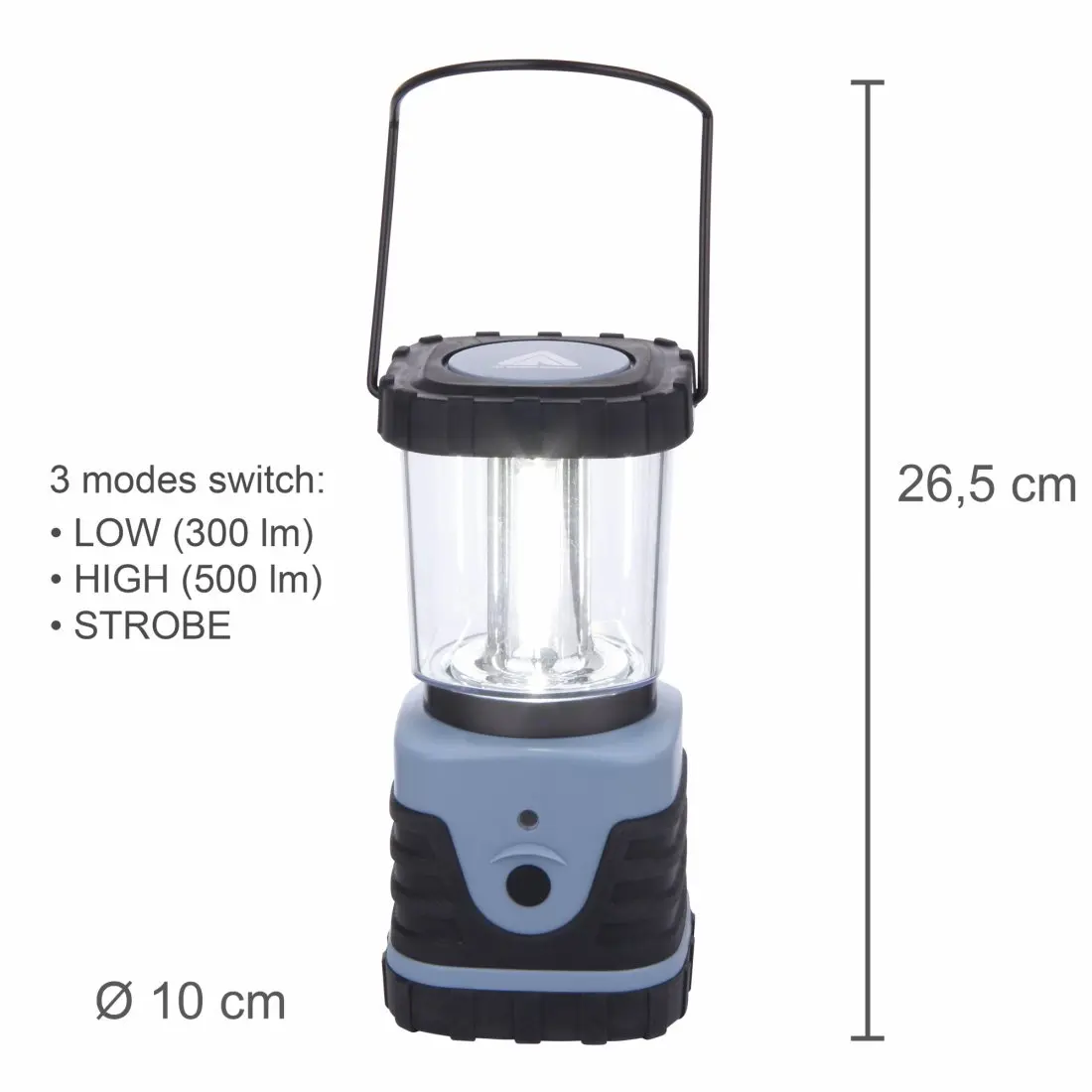 Ein tragbarer Camping-Laterne mit einer Höhe von 26,5 cm, einem schwarzen Griff, einer transparenten Lichtkammer, einem blauen unteren Teil mit Rutschfurnier und einem Touch-Schalter, der drei Beleuchtungsmodi bietet: niedrig, hoch und Strobe.