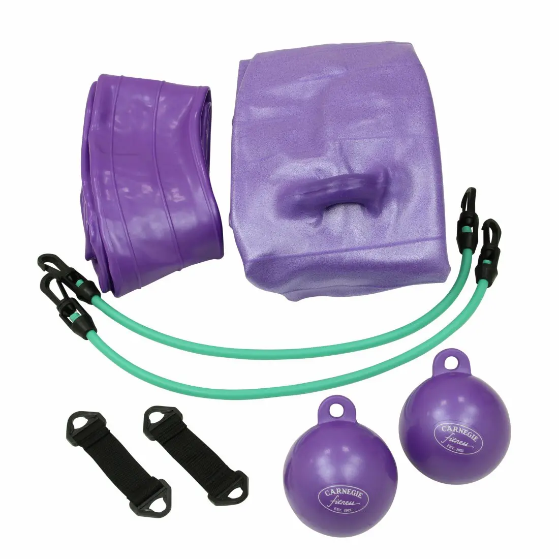 Das Bild zeigt ein Set für Krafttraining mit einem luftgefüllten Schutzkissen, einer Polsterung, zwei Widerstandsbändern, zwei Basketballen und zwei Zubehörgurte, alles in Lilafarb Design.