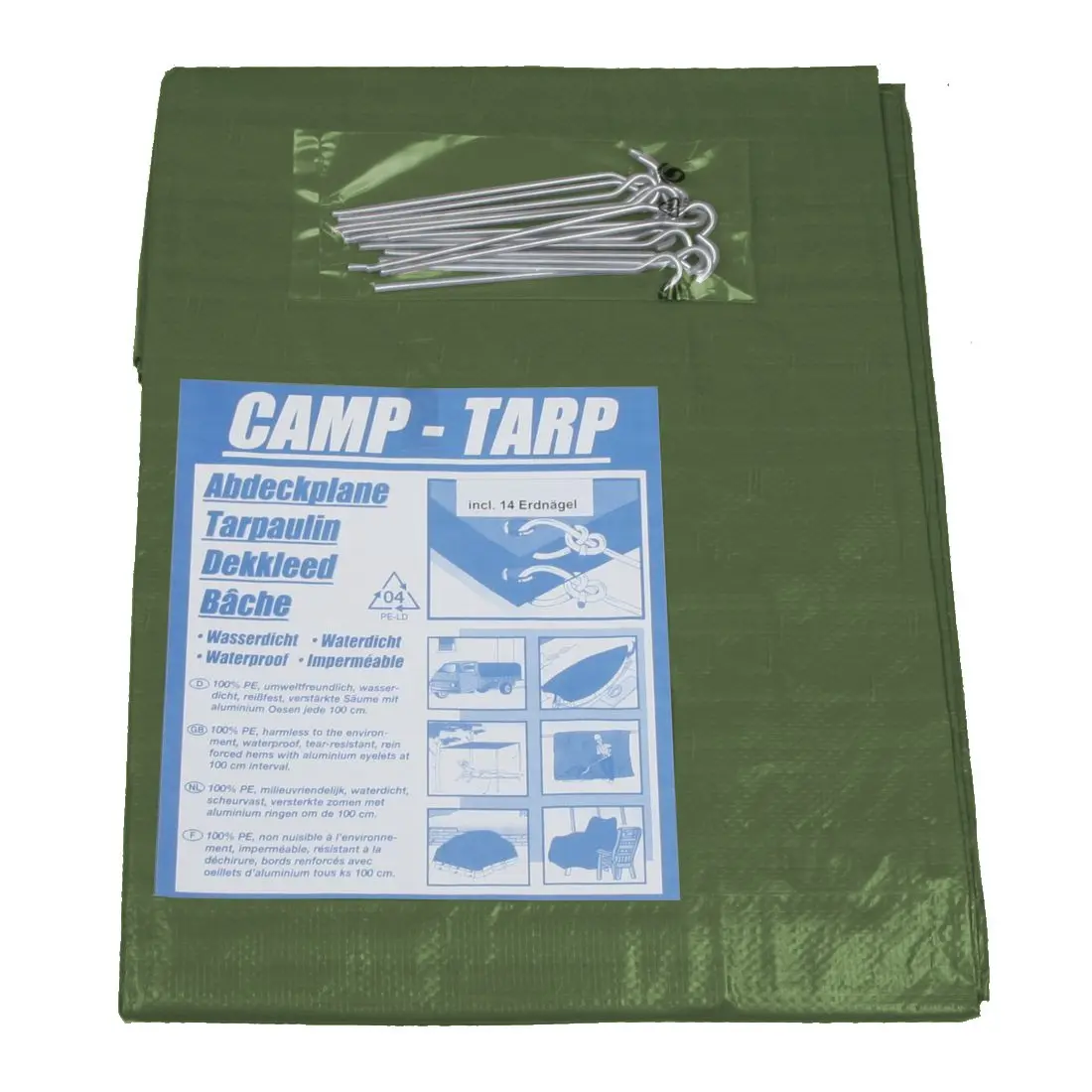 Das Bild zeigt ein grünes Camping-Tarp mit einer Packungsbeilage, die den Namen "CAMP-TARP" trägt, sowie mehreren Haken und einer Anleitung zur Verwendung und Befestigung des Tarps.