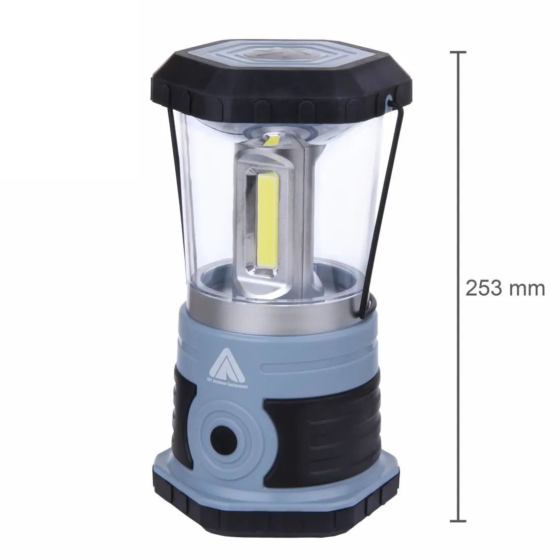A portable LED lantern stands 253 mm tall, featuring a black top, a clear cylindrical body with a handle, and a grey and black base with a power button, designed for outdoor use.
