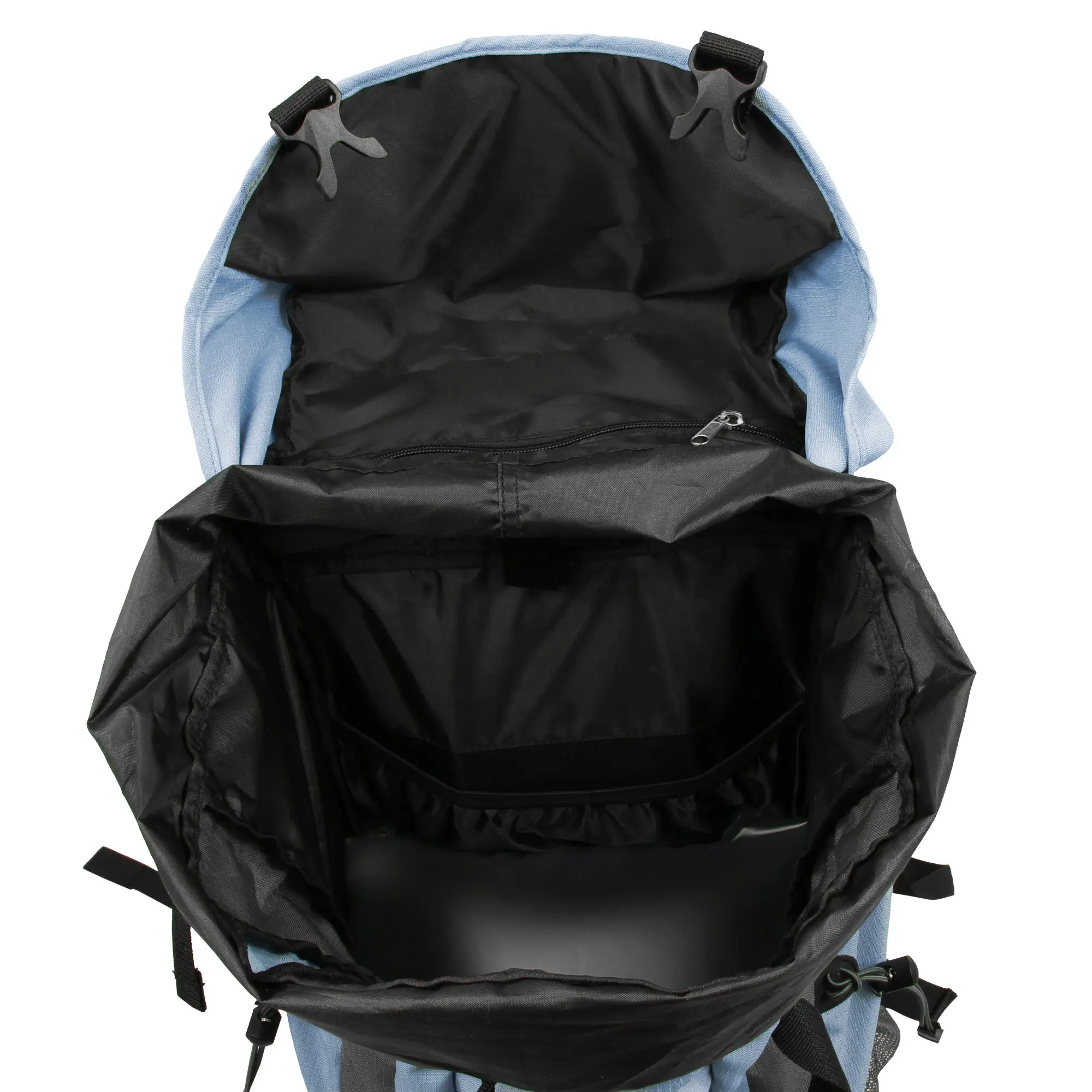 A blue and black backpack with the main compartment open, showing a padded slot for a laptop and a front zippered pocket inside.