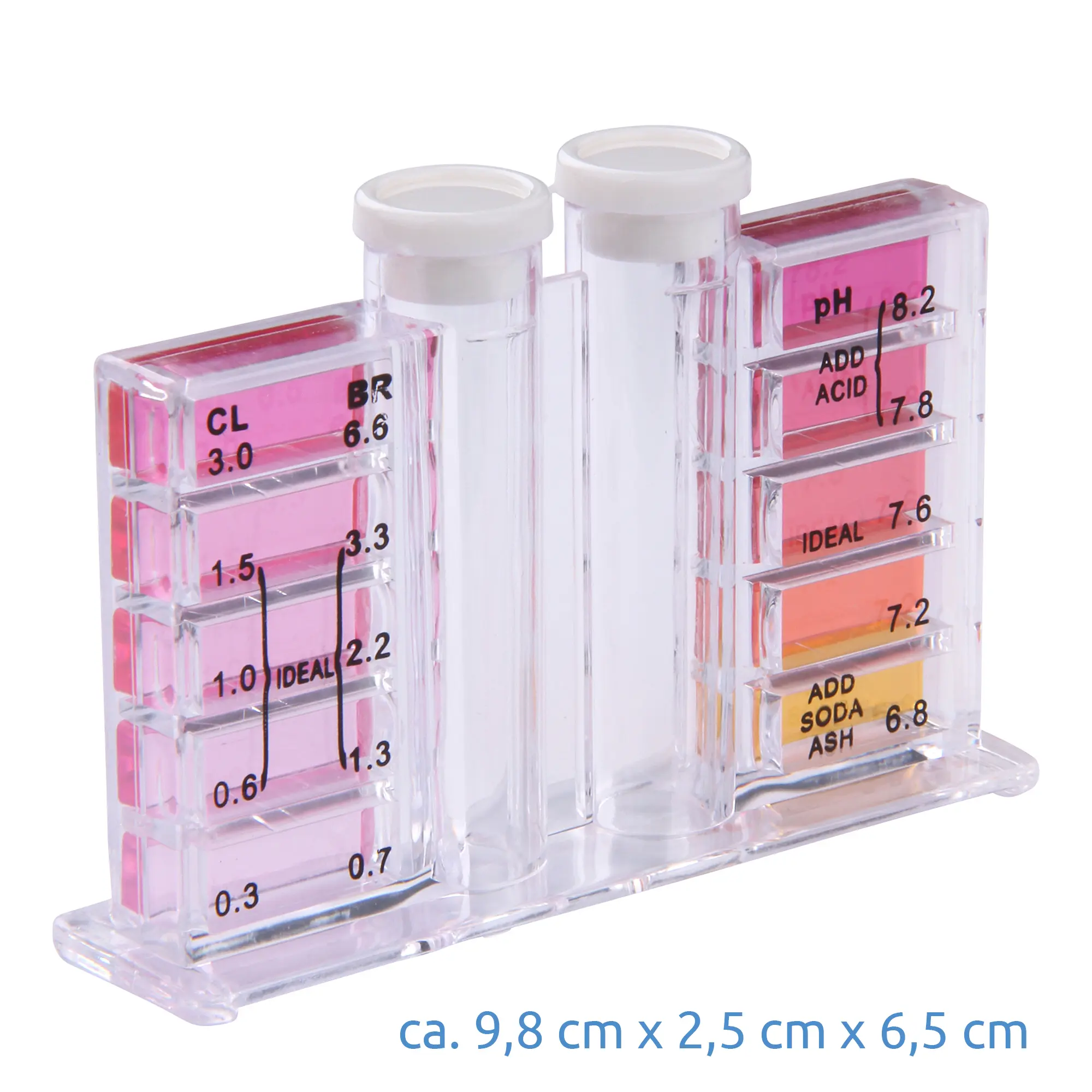 Ein transparenter Pooltester mit zwei Reagenzgläsern zur Messung von Chlor, Brom und pH-Werten zeigt Farbschattierungen und Skalen daneben, um chemische Konzentrationen anzugeben; die Maße sind 9,8 cm x 2,5 cm x 6,5 cm.