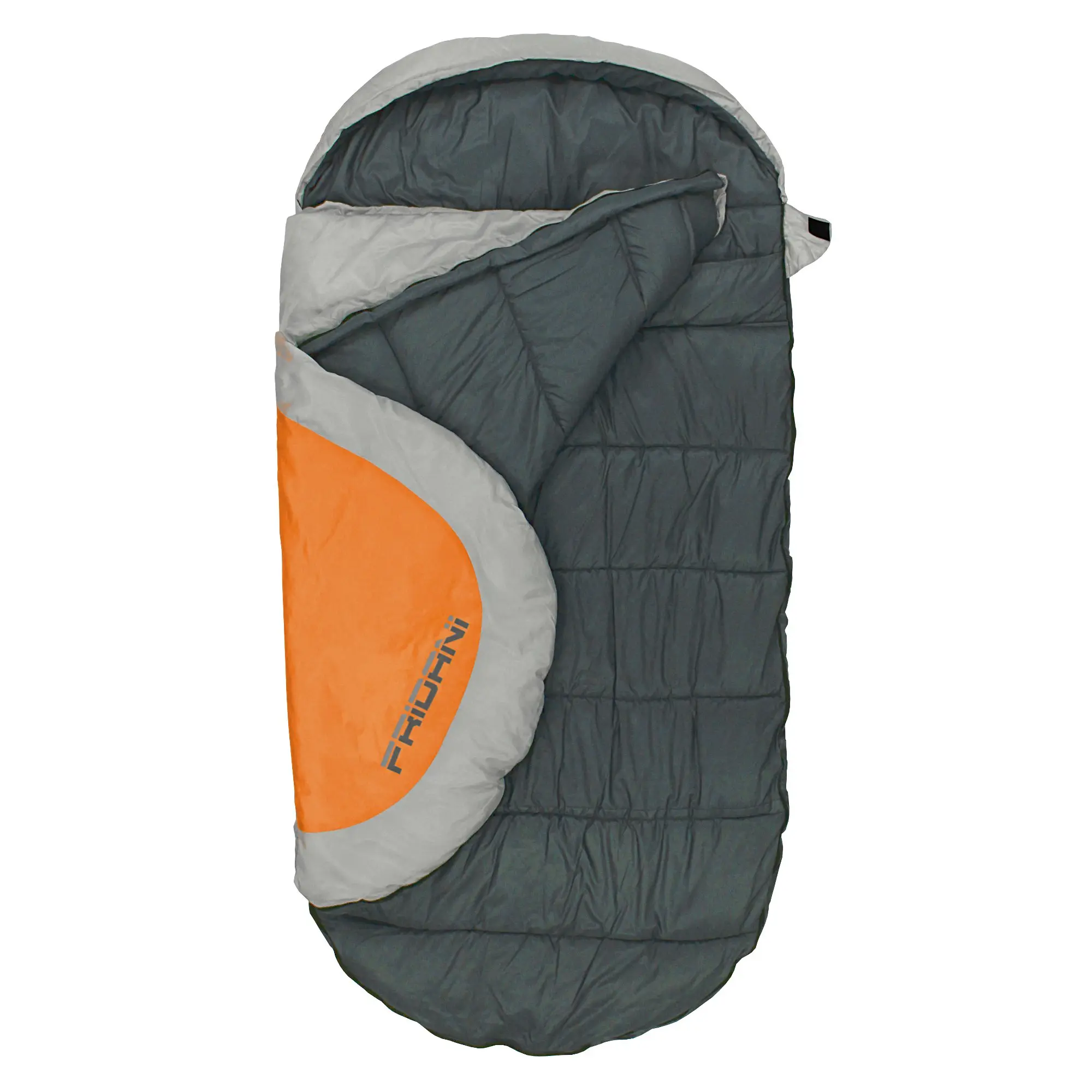 Ein Schlafsack in dunklem Grau mit einem hellgrauen und orangefarbenen Einsatz sowie einem sichtbaren Schriftzug liegt geöffnet auf einer weißen Fläche.