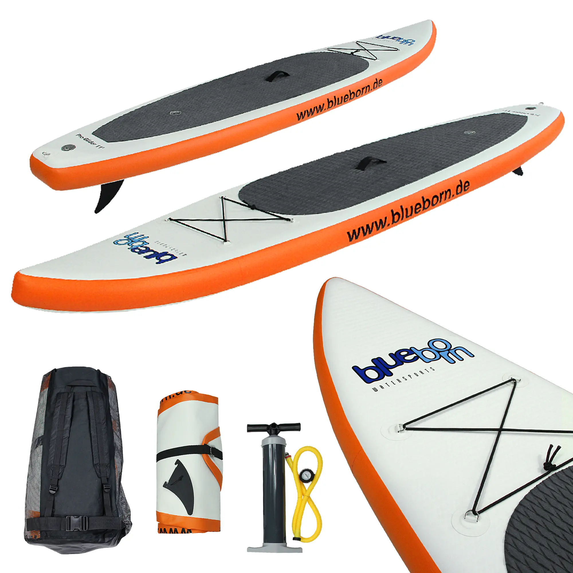 The image shows an inflatable stand-up paddleboard with an orange trim and black deck, featuring a carrying pack, a pump, a rolled-up board, a fin, and a logo with the text "blueborn.de" on the board.