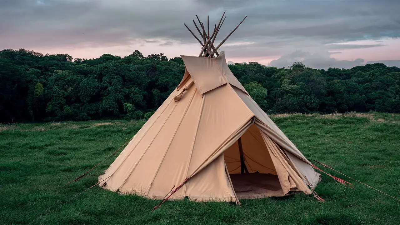 A beige teepee tent stands on a green grassy field with a dense forest in the background under a cloudy sky at dusk.