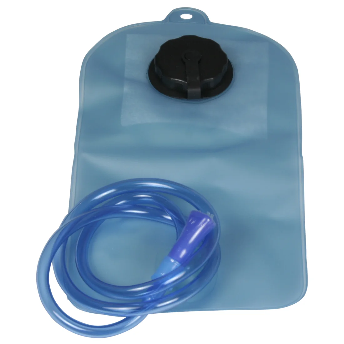 A blue hot water bottle with a black screw cap and a attached blue silicone tube, set against a white background.