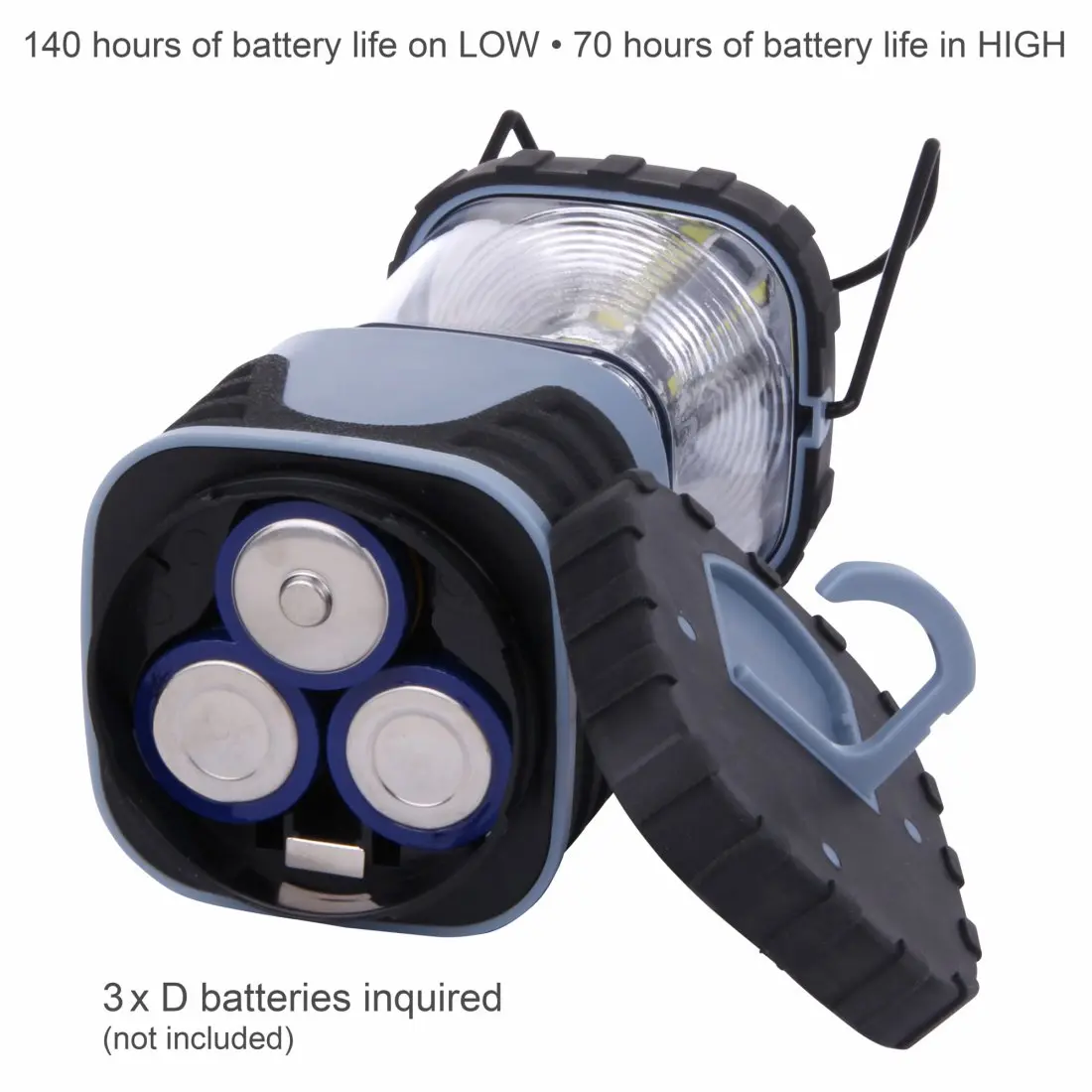 Ein batteriebetriebenes Werkzeug mit einem ausklappbaren Griff, mehreren D-Batterien im Inneren und einem Handgriff, das für verschiedene Akku-Optionen konzipiert ist.