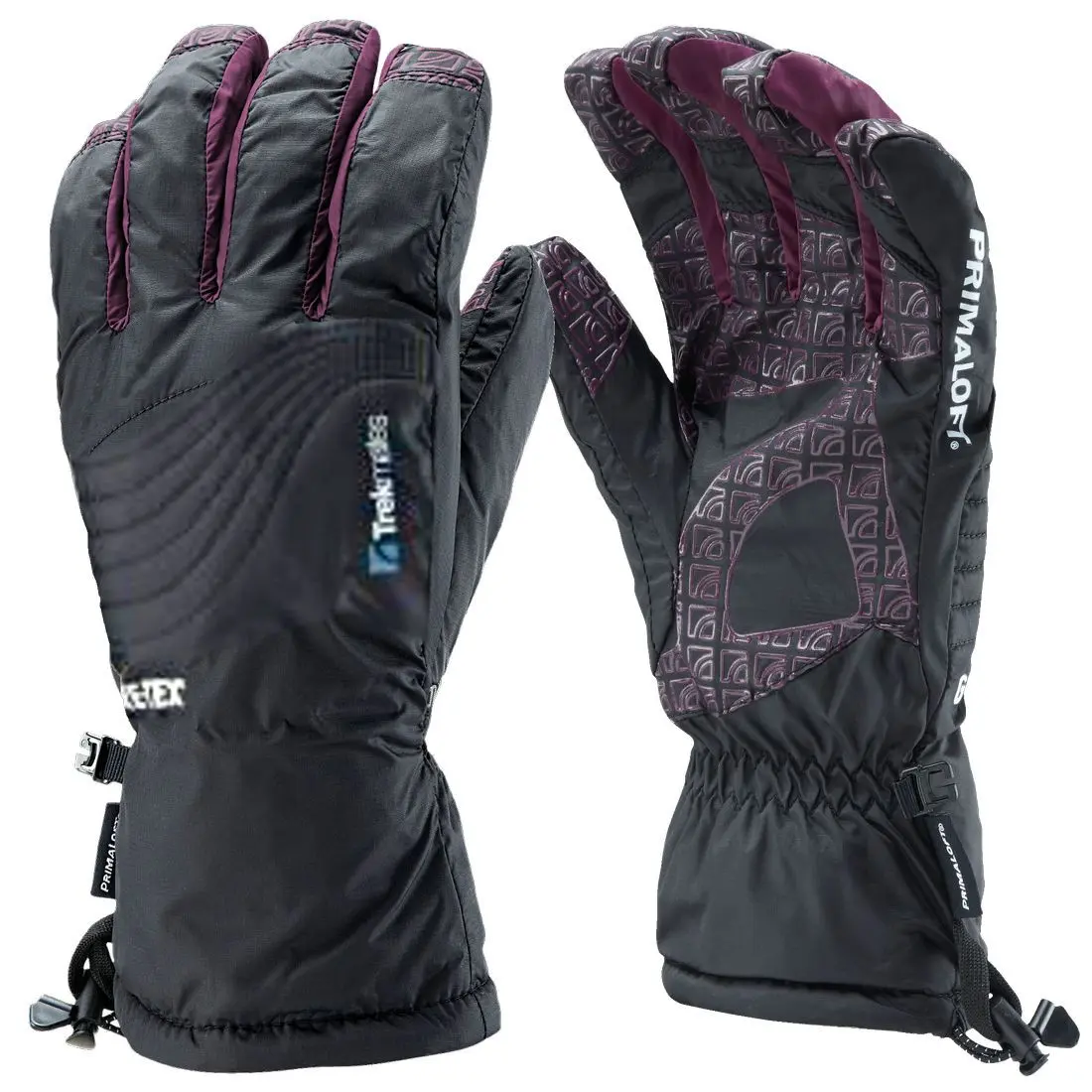 Trekmates Harrison XS Damen Handschuh Gore-Tex Fingerhandschuh Thermohandschuh Zwei schwarze Winterhandschuhe mit rosa und lilanen Akzenten und Mustern, mit Gummizug am Handgelenk und Befestigungsbändern, liegen nebeneinander.