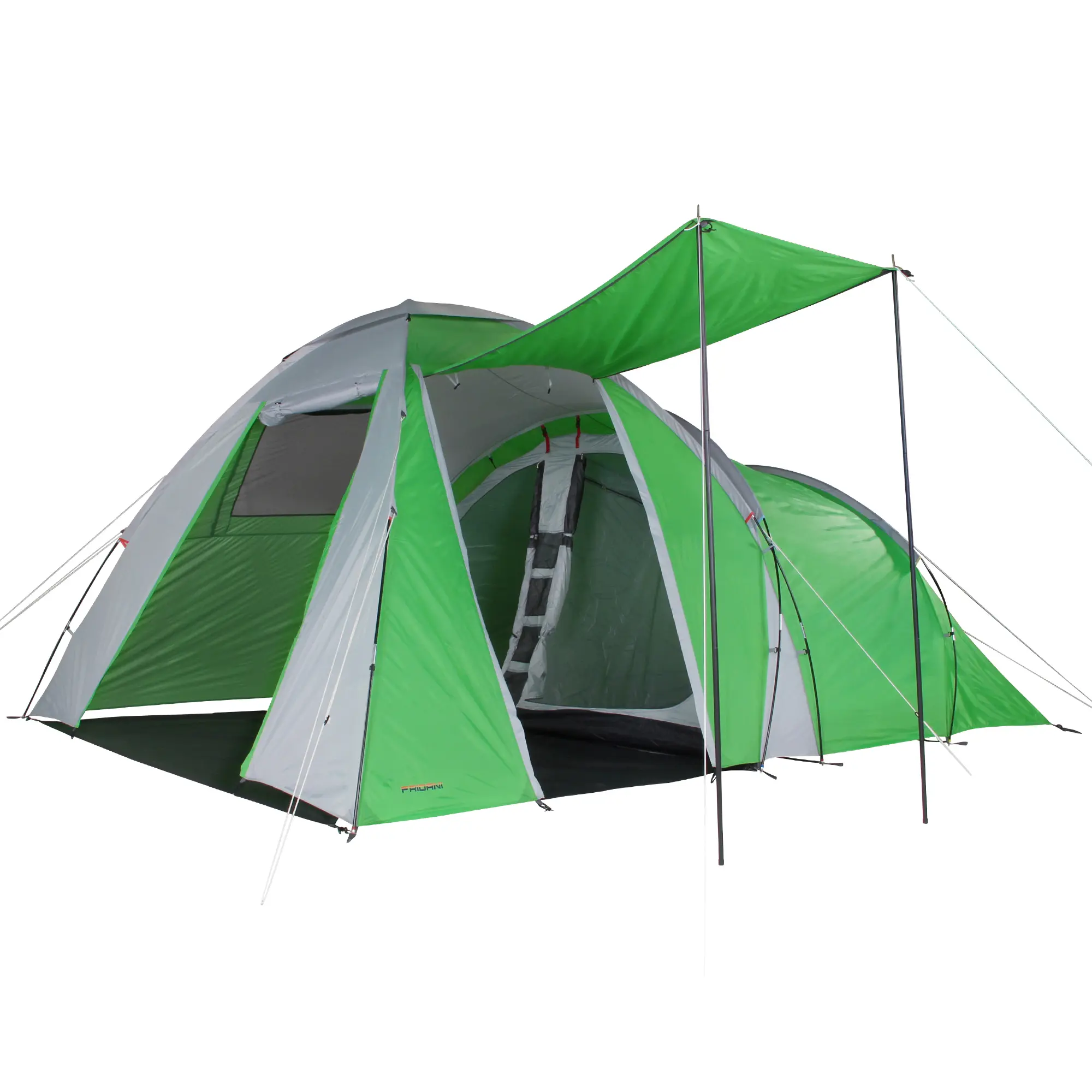 A large green and gray camping tent with a sunshade attached, set up and supported by multiple poles and guy lines, designed for outdoor camping.