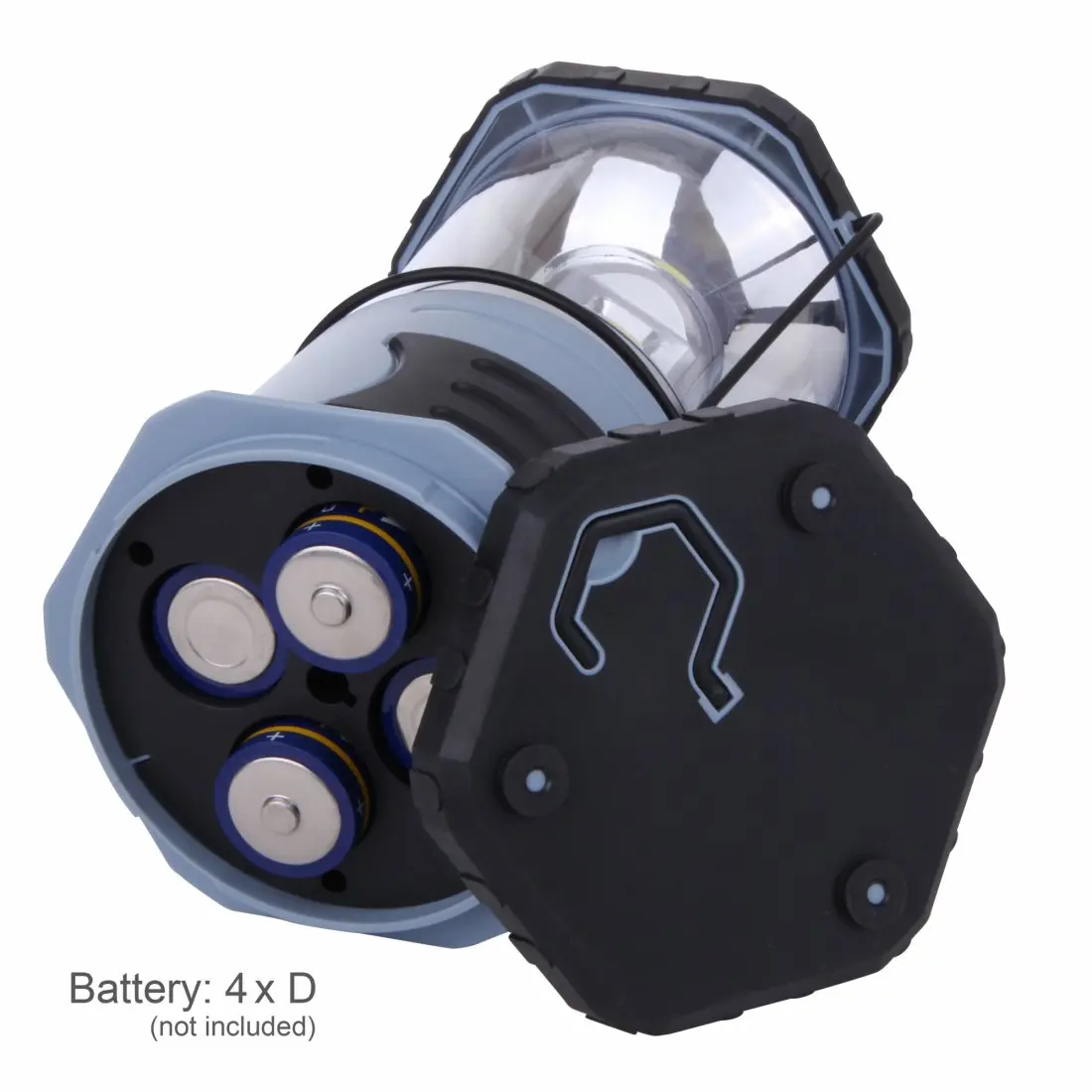 A handheld flashlight with a black and gray body, a transparent cover on the front, and four batteries (not included) inside.