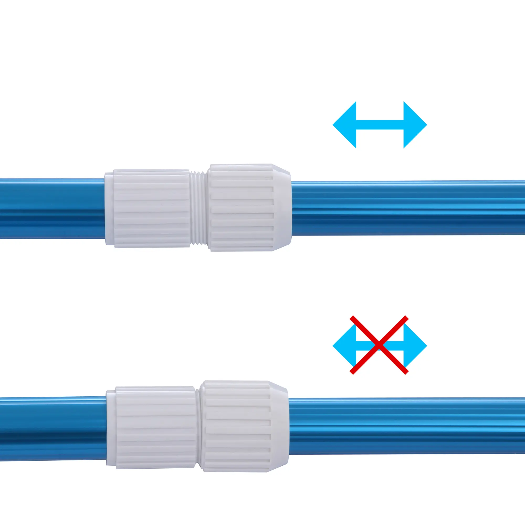 Zwei blau-weiße Stangen sind durch Verbindungen gesichert, oben mit einem blauen Doppelpfeil, der Bewegung anzeigt, unten mit einem durchgestrichenen Pfeil, der Bewegung verhindert.