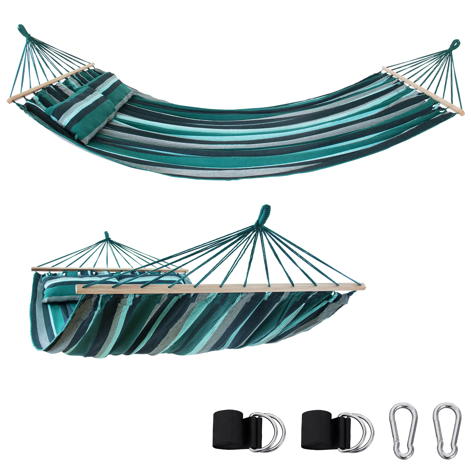 yourGEAR Kauai Smaragd Hängematte 240x160cm 300kg | Baumwolle Stabhängematte Kissen Befestigung-Set yourGEAR Kauai Smaragd Hängematte 240x160cm 300kg | Baumwolle Stabhängematte Kissen Befestigung-Set