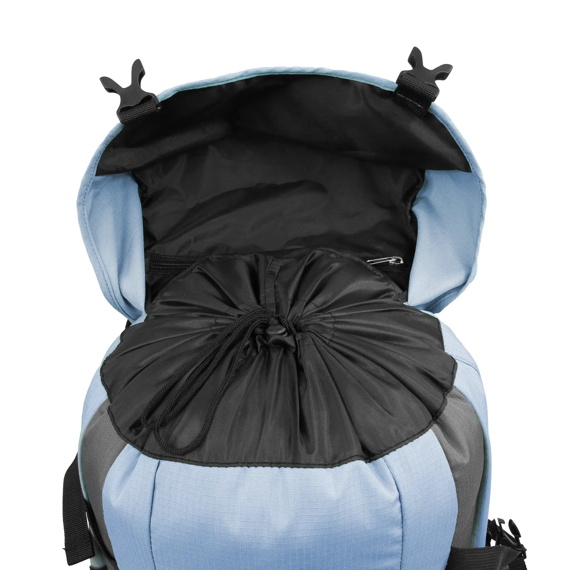 A light blue backpack with an open main compartment, showing internal black lining, a zippered pocket, and a black drawstring bag inside.