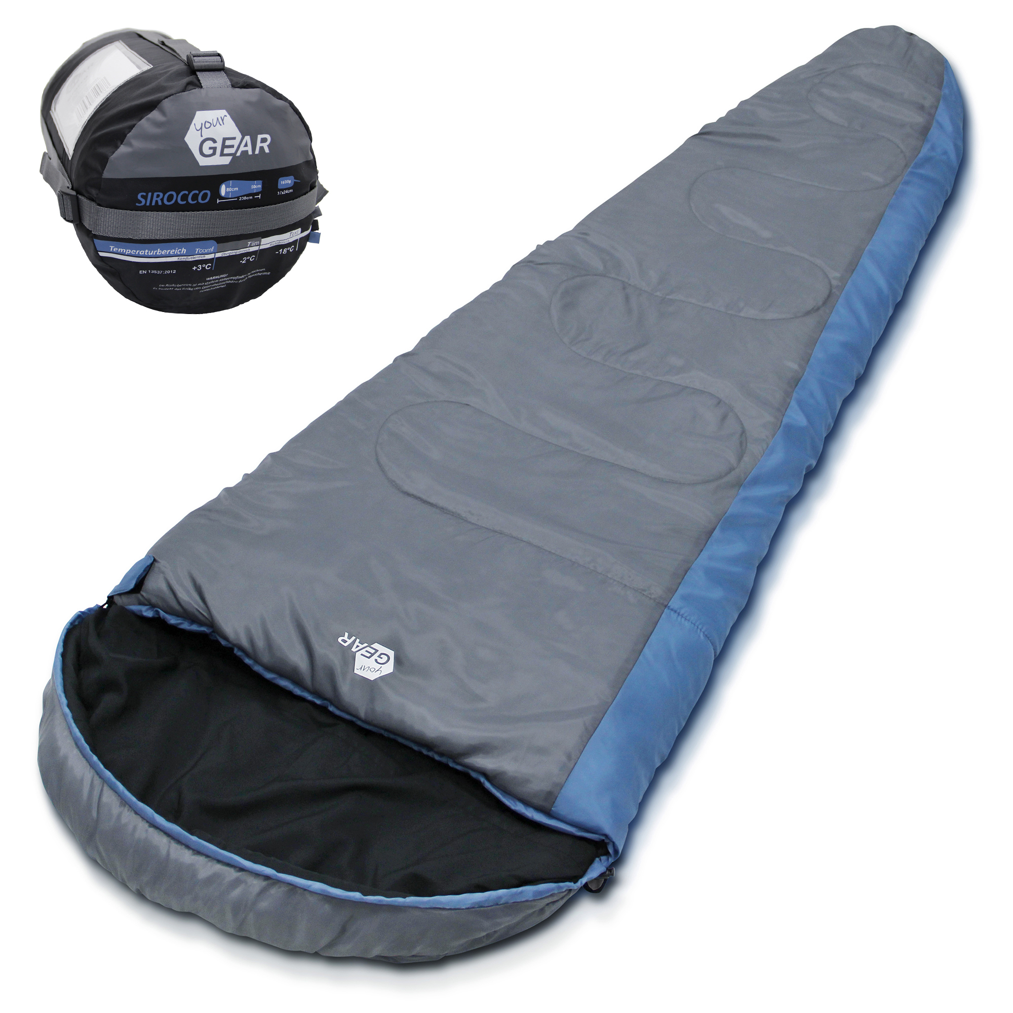 yourGEAR Schlafsack Sirocco -18°C komfortabler Mumienschlafsack 230x80 cm 3-4 Jahreszeiten Blau Grau