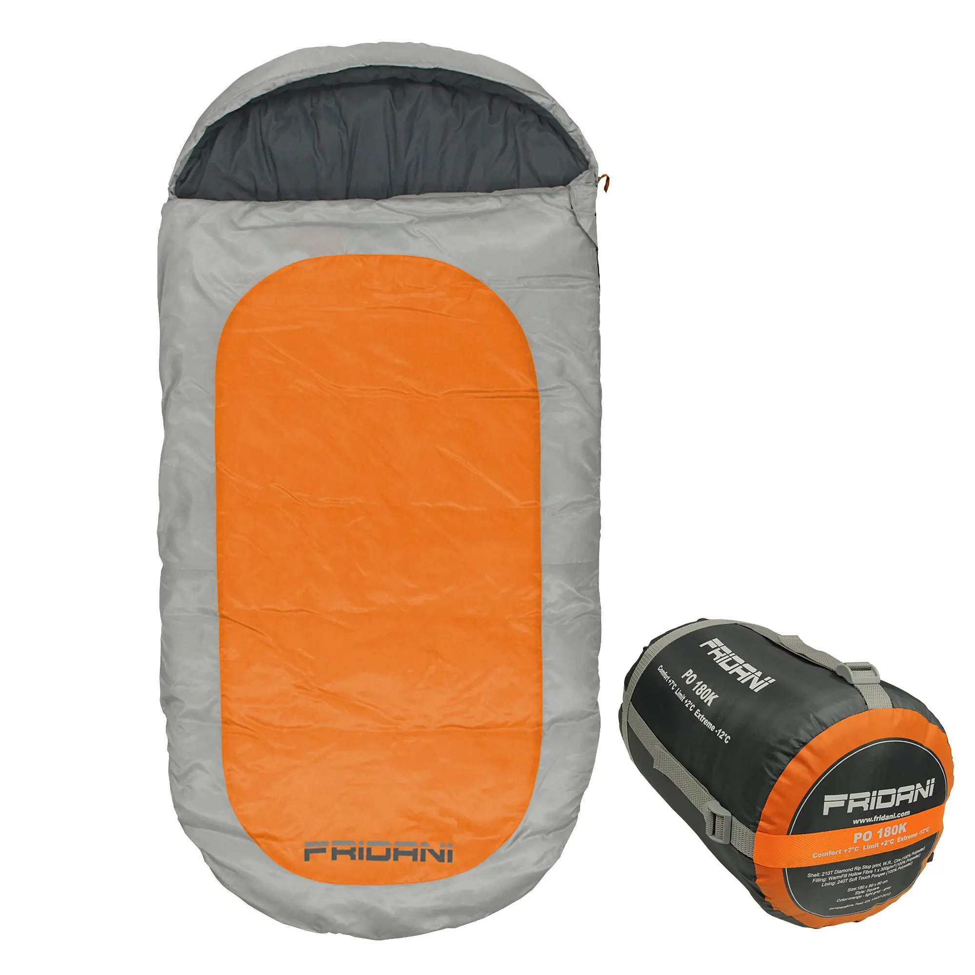 Fridani Kinderschlafsack PO 180x90cm XXL Deckenschlafsack -12°C Orange warm wasserabweisend waschbar Ein oranger und grauer Schlafsack von Fridani ist ausgebreitet zu sehen sowie zusammengerollt in einer schwarzen Tasche mit grauen Tragegurten, die detaillierte Informationen über den Schlafsack enthält.