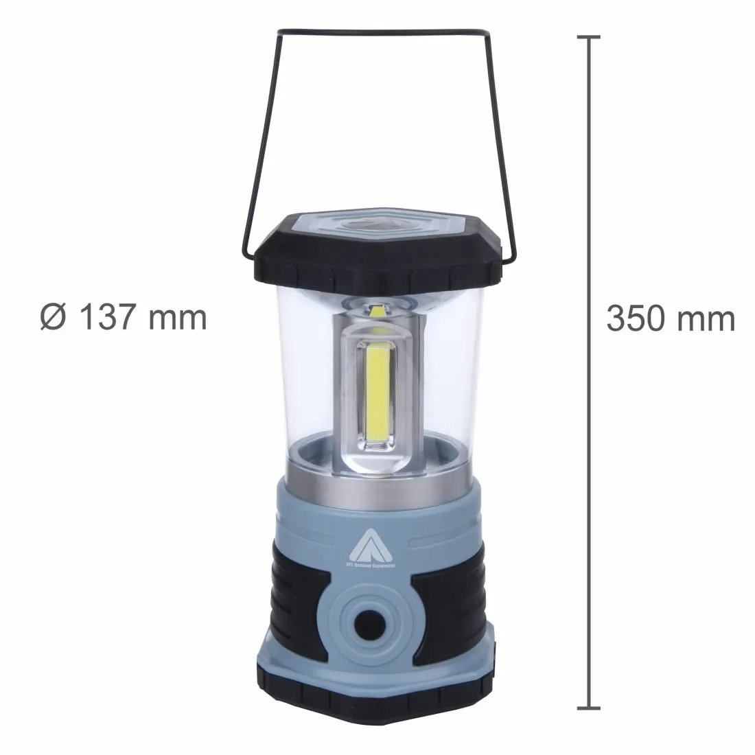 A portable LED lantern with a clear cylindrical body, black and gray base, and a black top with a handle, measuring 350 mm in height and 137 mm in diameter.