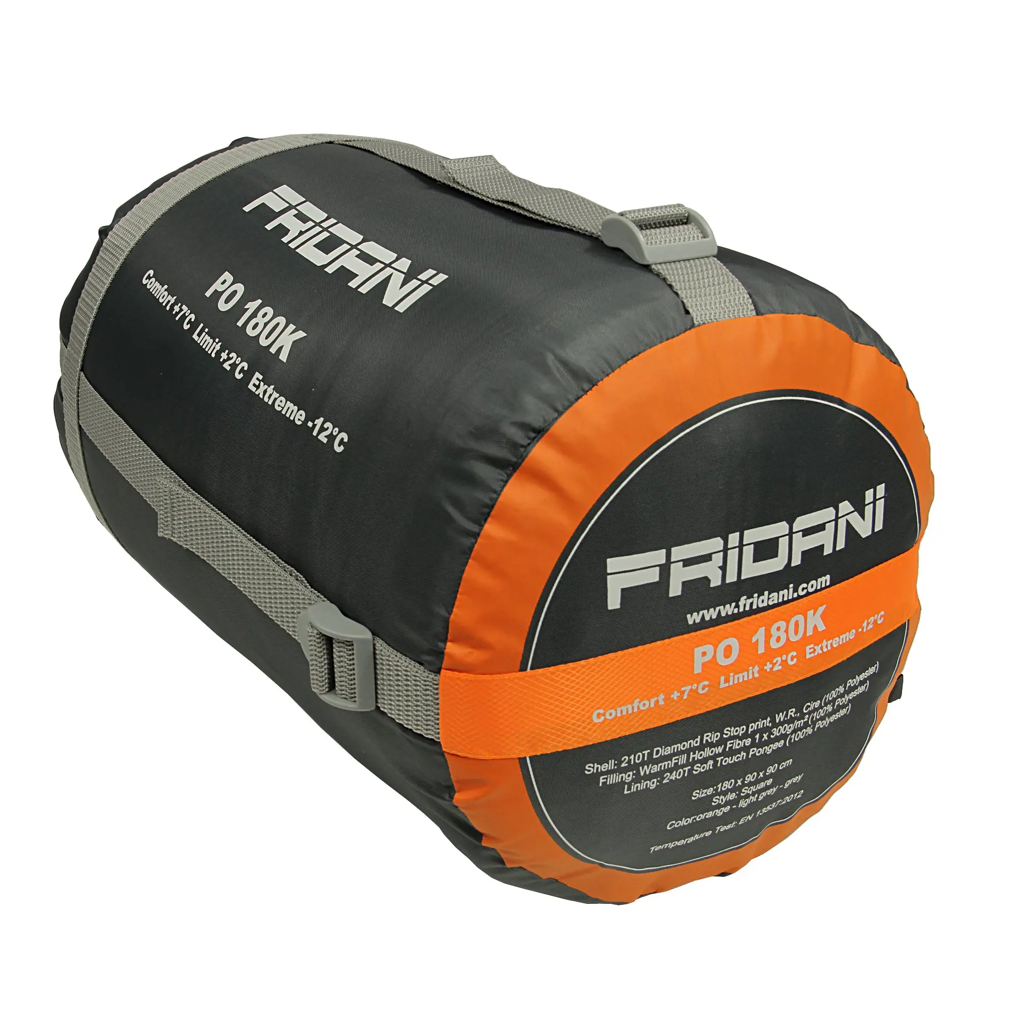 Ein kompakt verpackter Schlafsack der Marke Fridani in einem schwarz-orangenen Aufbewahrungsbeutel mit grauen Riemen und aufgedruckten Temperaturangaben und Produktdetails auf der Vorderseite.