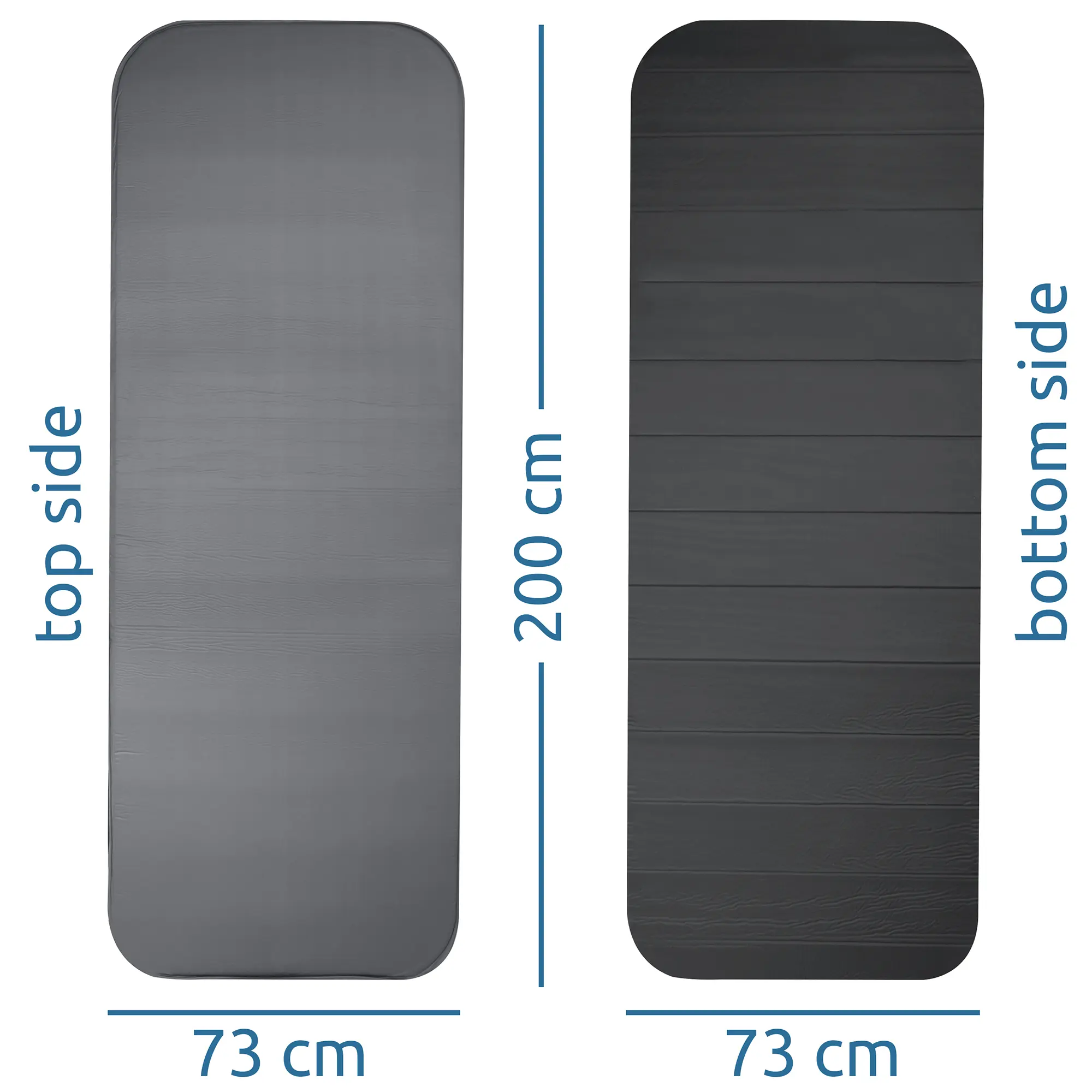 Dos lados de una colchoneta rectangular gris se muestran; el lado superior es liso y el inferior tiene líneas horizontales, con dimensiones de 200 cm de largo y 73 cm de ancho, etiquetadas como "top side" y "bottom side."