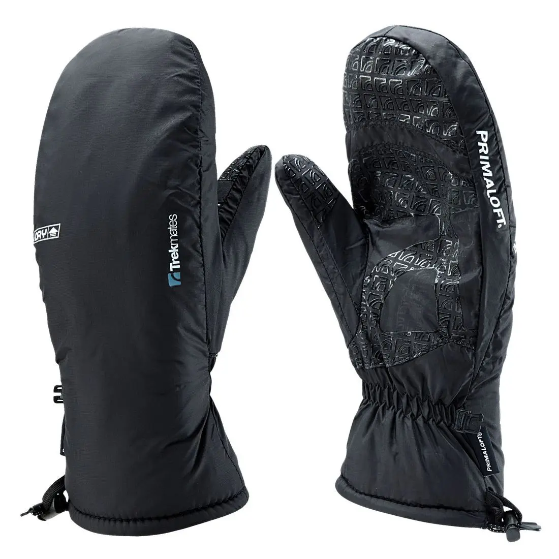 Trekmates Kinner XS Damen Handschuh Fausthandschuh Fäustling mit DRY Membran Ein Paar schwarzer, gefütterter Wintersport-Handschuhe mit Klettverschluss, mit Logos von Trekmates, DRY-TECH und PRIMALOFT, als Oberflächenmaterial und Innenfutter.