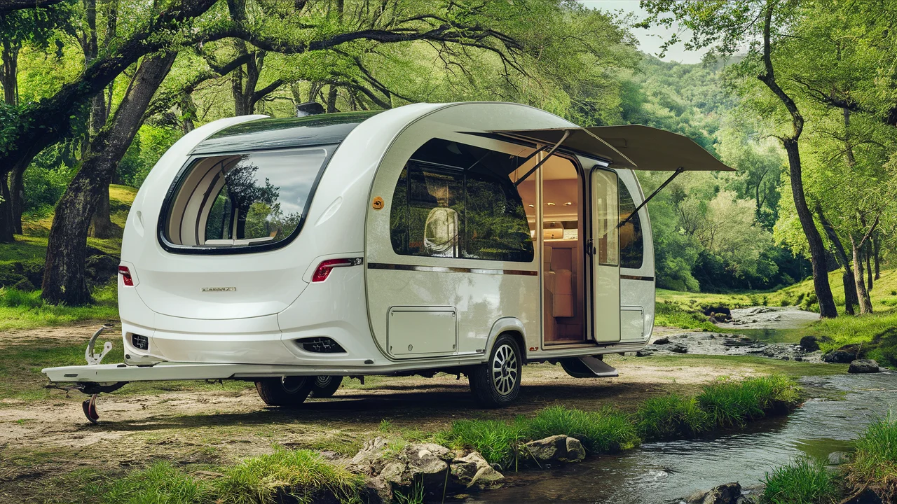 A sleek, modern white caravan with an open door and extended awning is parked beside a tranquil stream in a lush, green forest setting.