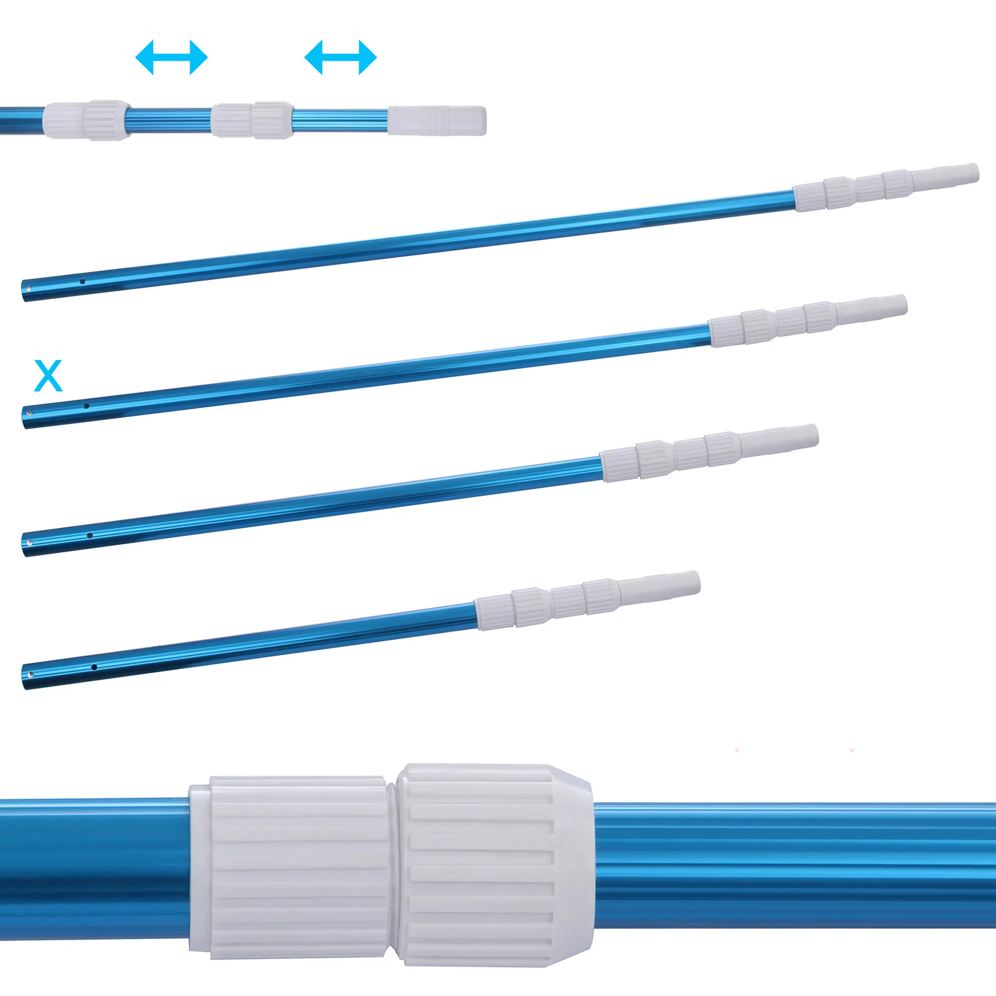 Blueborn Poolstange PPS-3x100 Aluminum Teleskopstange 3-teilig 120 - 300 cm Stange zur Poolreinigung Ein teleskopischer blauer Pool-Reinigungsstab ausziehbar mit weißen Verbindungsstücken wird in verschiedenen Längen gezeigt, wobei Pfeile auf die Längenverstellung hinweisen.