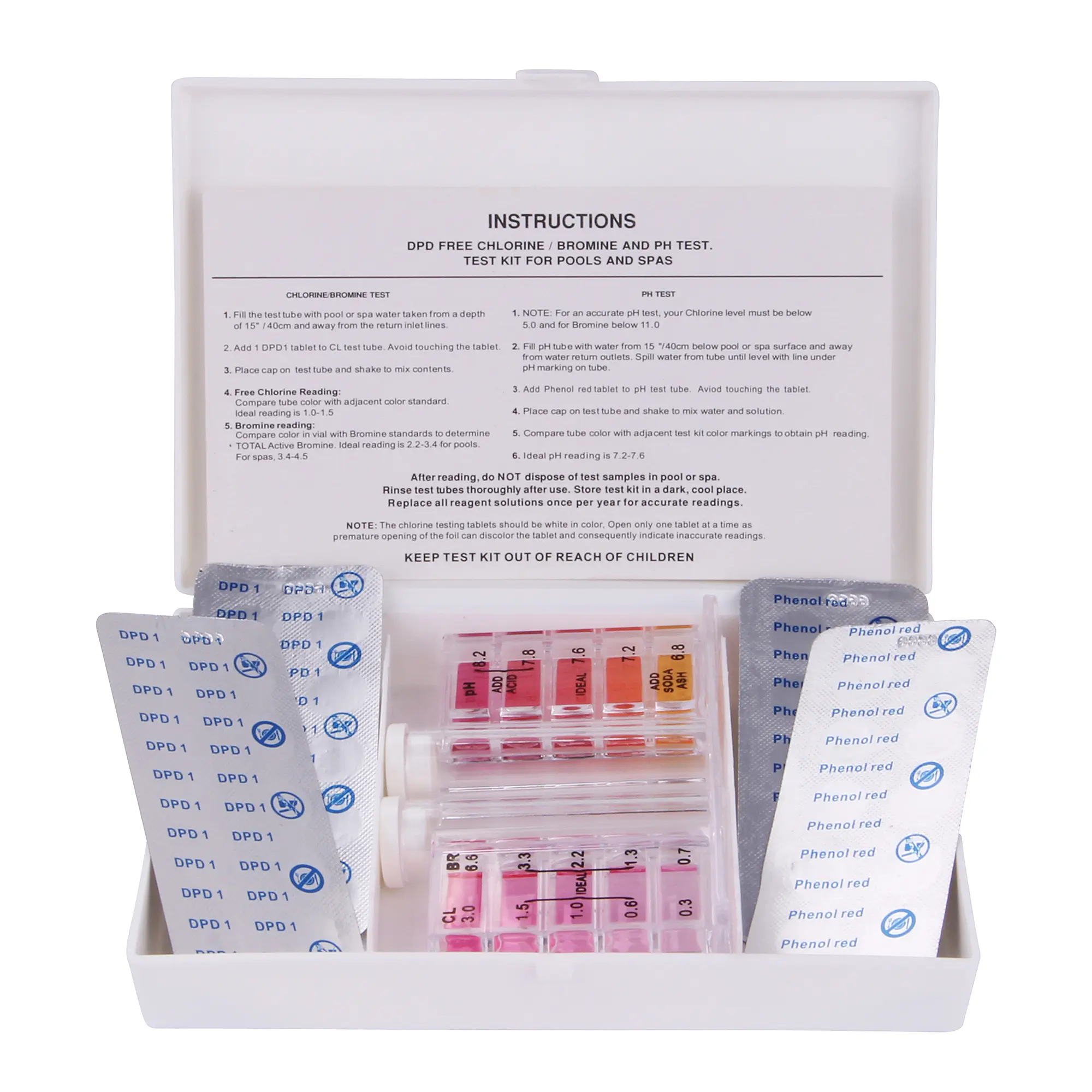 Blueborn Pooltester Set Wassertester für Chlor, Brom & PH inkl 10x DPD1 10x PhenolRed Tabletten Ein geöffneter Pool-Testkit mit Anweisungen auf der Innenseite des Deckels enthält mehrere Tablettenstreifen und zwei Wasserprobenröhrchen mit Farbskalen zur Bestimmung von Chlor, Brom und pH-Wert.