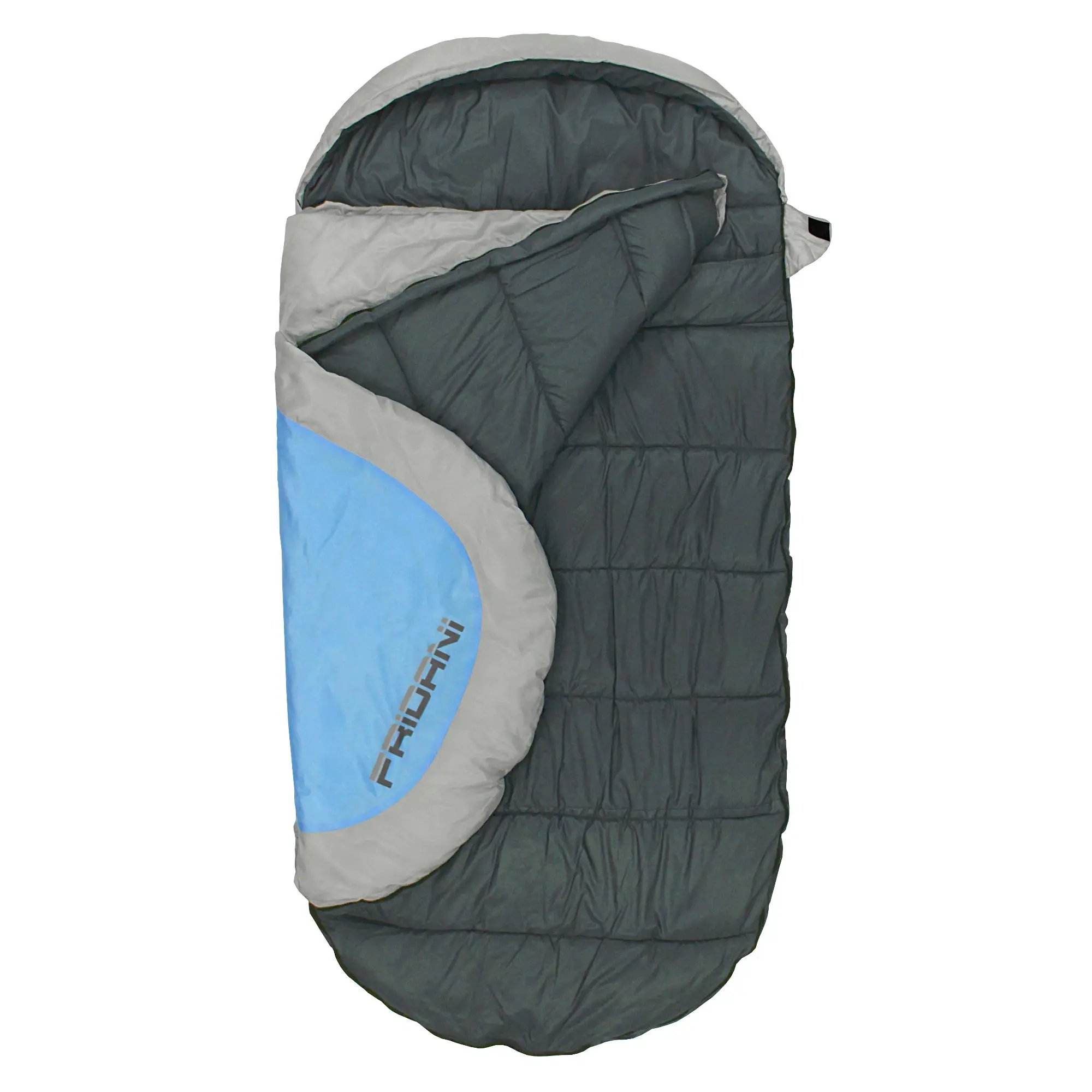 Ein schwarzer Schlafsack mit grauem und blauem Bereich, auf dem "FRIDANI" steht, ist teilweise geöffnet und liegt flach auf weißem Hintergrund.
