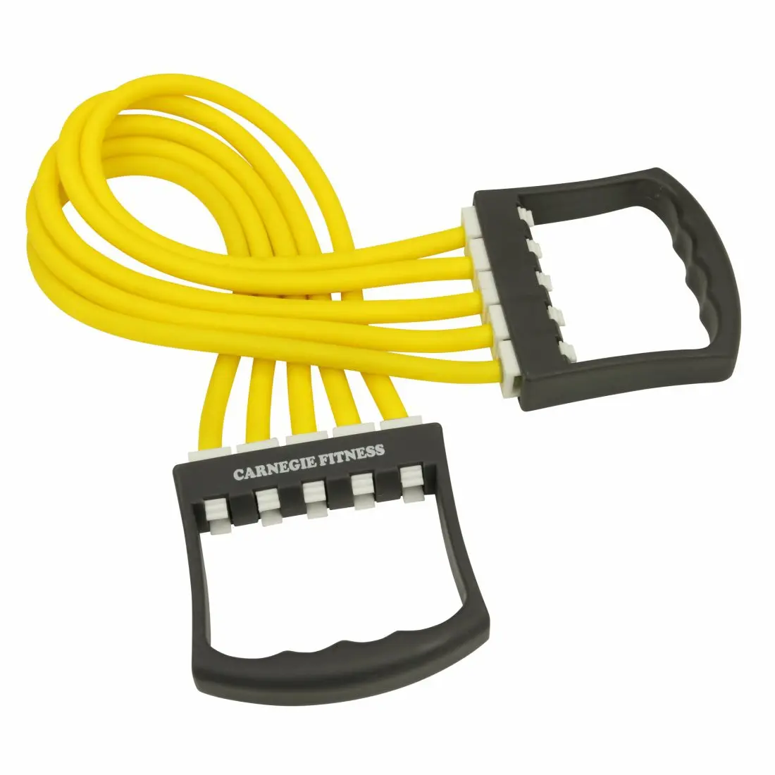 Ein gelbes Resistance-Band mit schwarzen Griffen, das für Krafttraining verwendet wird, liegt auf einem weißen Hintergrund.