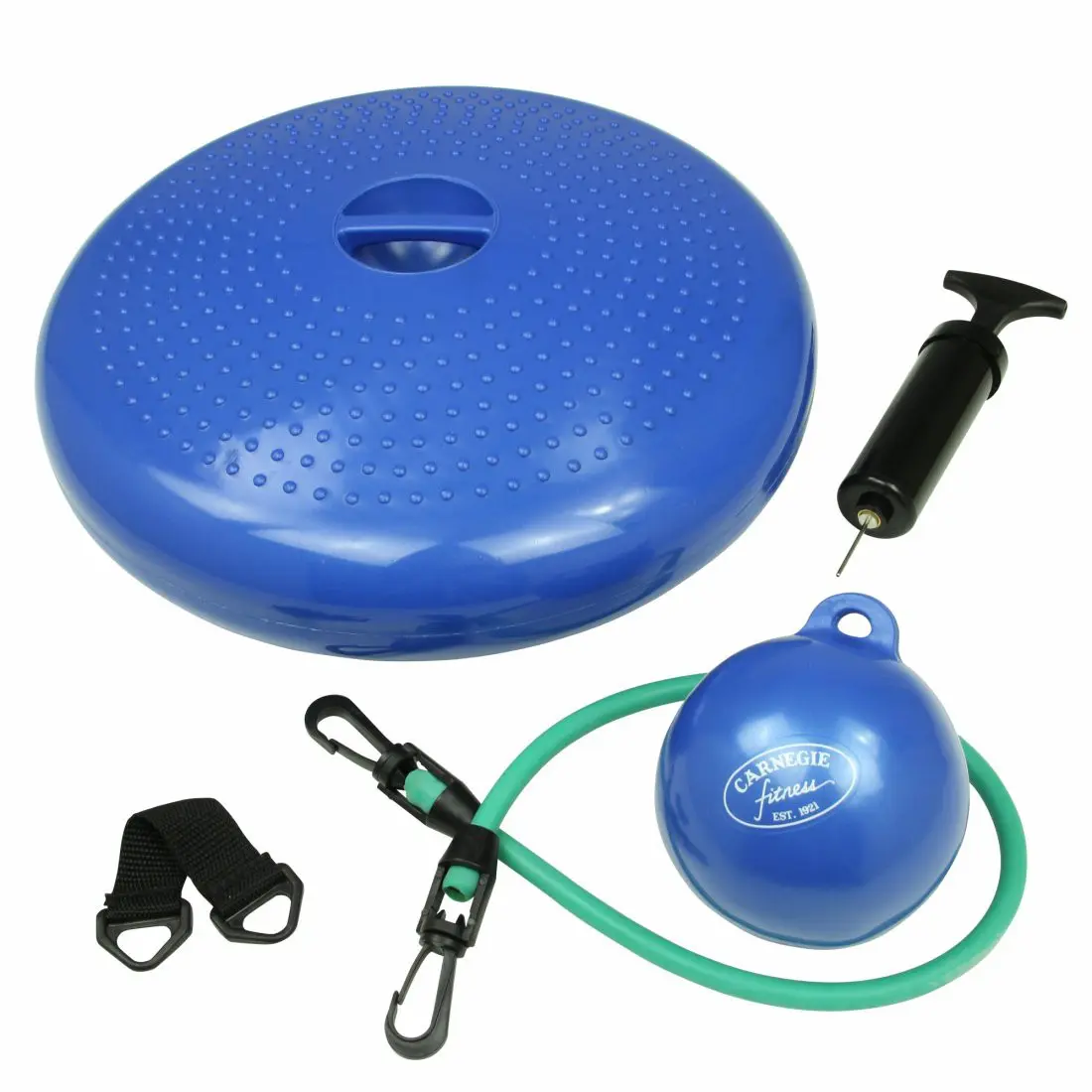 Das Bild zeigt ein Hantel-Set für Regeneration und Fitness, bestehend aus einer blauen Balanceplatte, einer blauen Medizinball mit "Carnegie Fitness" Aufdruck, einem kleinen schwarzen Pumpen, zwei schwarze Clip-Gegengehänge und einer grünen Schlauch.