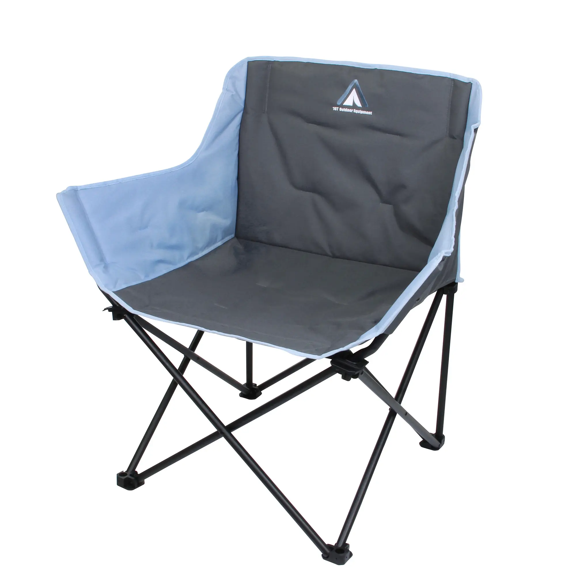 10T Campingstuhl Jace Arona XXL Klappstuhl bis 130 kg Stuhl mit Getränkehalter + Seitentasche Ein zusammenklappbarer Campingstuhl mit schwarzem Sitz- und Rückenpolster, hellblauen Armlehnen und einem leichten schwarzen Stahlrahmen.