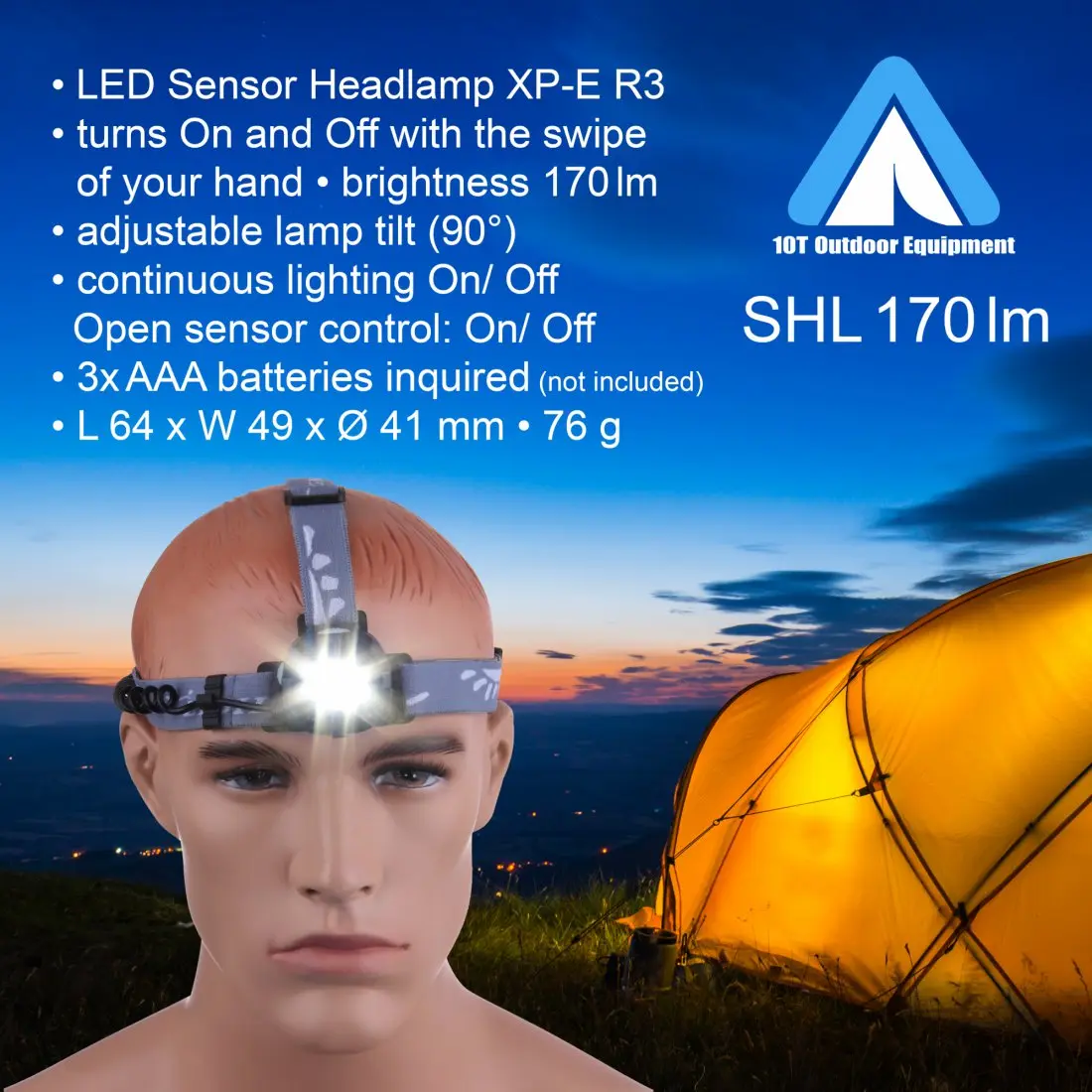 A mannequin head wearing an LED sensor headlamp with a strap, positioned outdoors at sunset near a lit yellow tent, with product details and specifications displayed on the left side of the image.