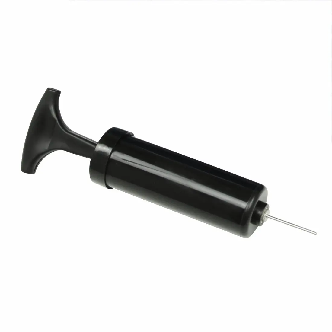 A black handheld syringe with a plunger and a thin metal needle extending from the tip, set against a white background.