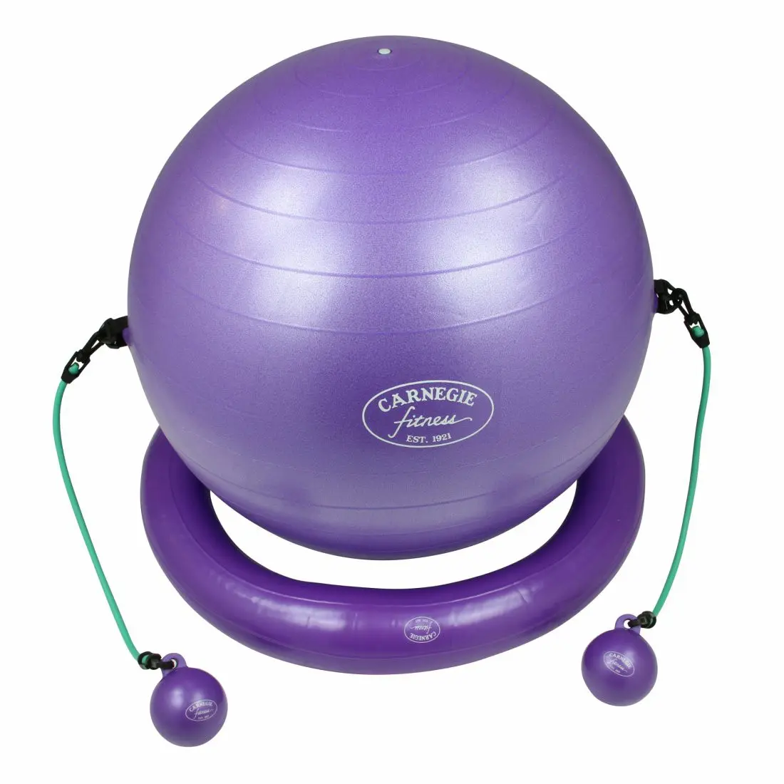 Carnegie Iso Gymnastikball Ø ca. 65 cm + Ring Widerstandsband Tubes Toning Balls DVD Poster Ein purplefarbenes Fitnessball-Set mit einem großen Gymnastikball, einem Haltegriff und zwei kleinen Gewichtsbällen, alles mit dem Label "Carnegie Fitness" versehen.