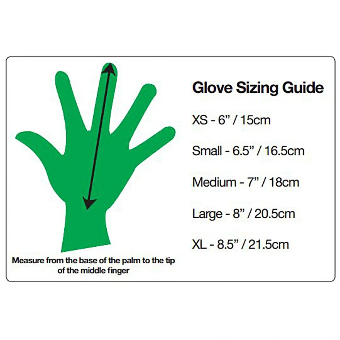 Die Abbildung zeigt eine grüne Hand mit einer schwarzen Pfeillinie, die die Messlänge vom Handgelenk bis zur Fingerspitze anzeigt, und eine Glove-Sizing-Tabelle mit Größenangaben in Zoll und Zentimeter.