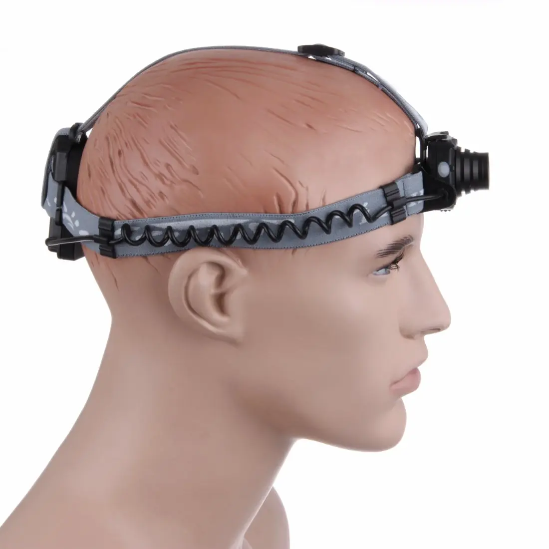 A mannequin head wearing a headlamp with a strap that supports a silicone skull model, showcasing the brain surface for educational or medical purposes.