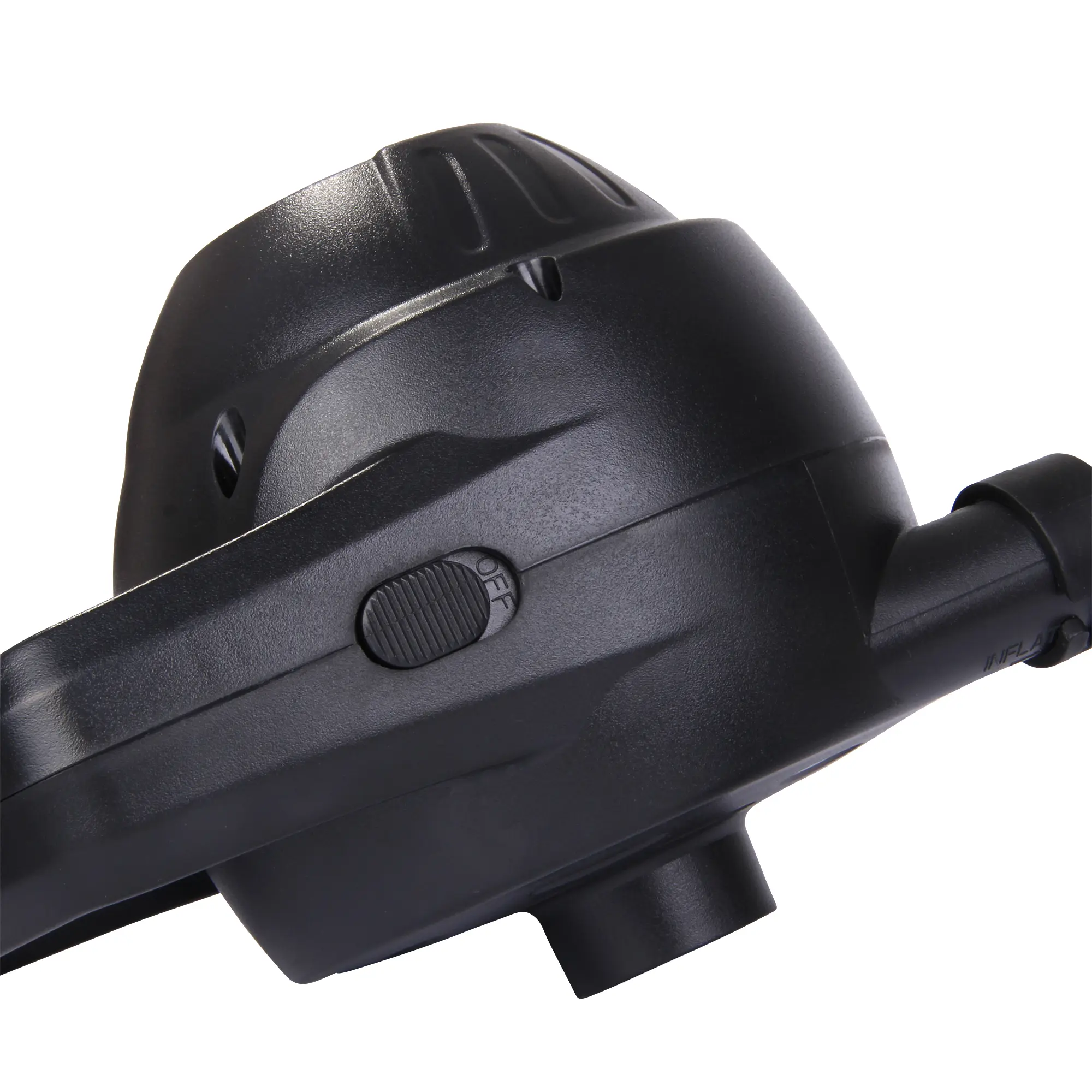 Une pompe à air noire en plastique avec un bouton coulissant marqué "ON/OFF" sur le côté, montrant son design compact et moderne avec des bouches d'aération visibles sur le dessus.