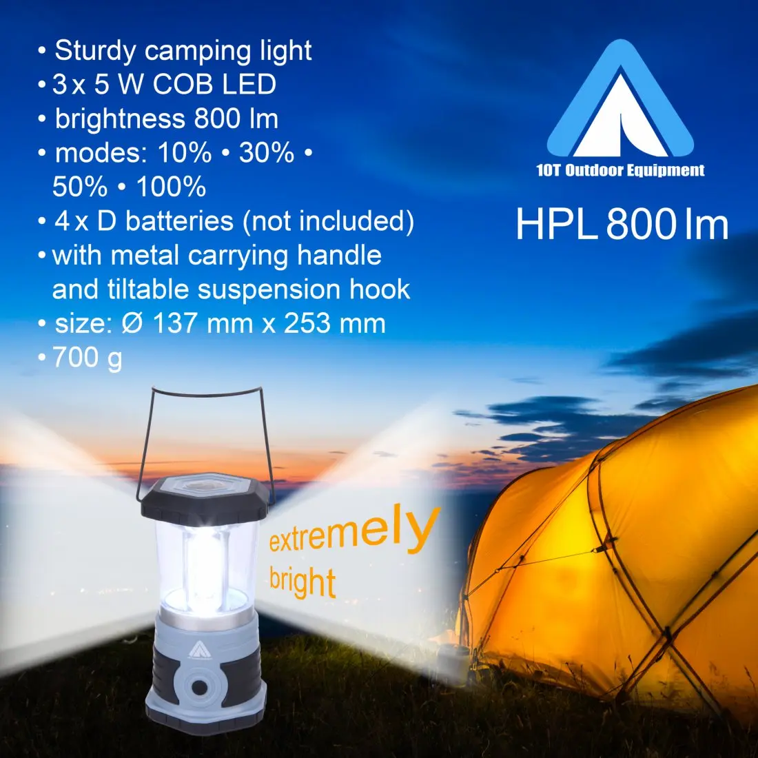 A camping lantern with a metal handle and tilt suspension hook printing 800 lumens, showing beam angles and specifications, set against a twilight outdoor scene with a tent and sunset sky.