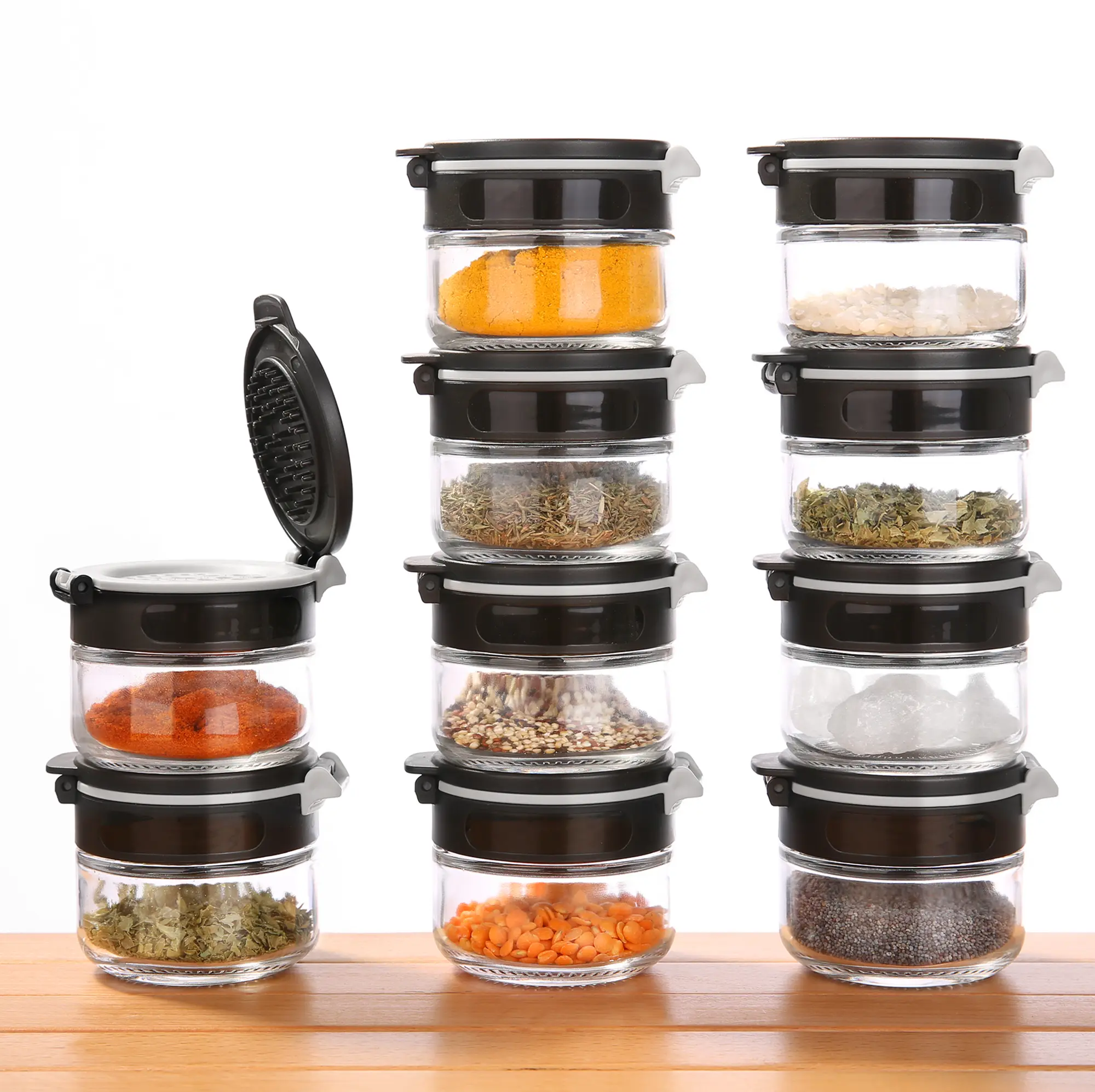 your GEAR Gewürzstreuer Double-Flip - 10 Gewürzdosen à 85 ml aus Glas selbstreinigender Streueinsatz your GEAR Gewürzstreuer Double-Flip - 10 Gewürzdosen à 85 ml aus Glas selbstreinigender Streueinsatz