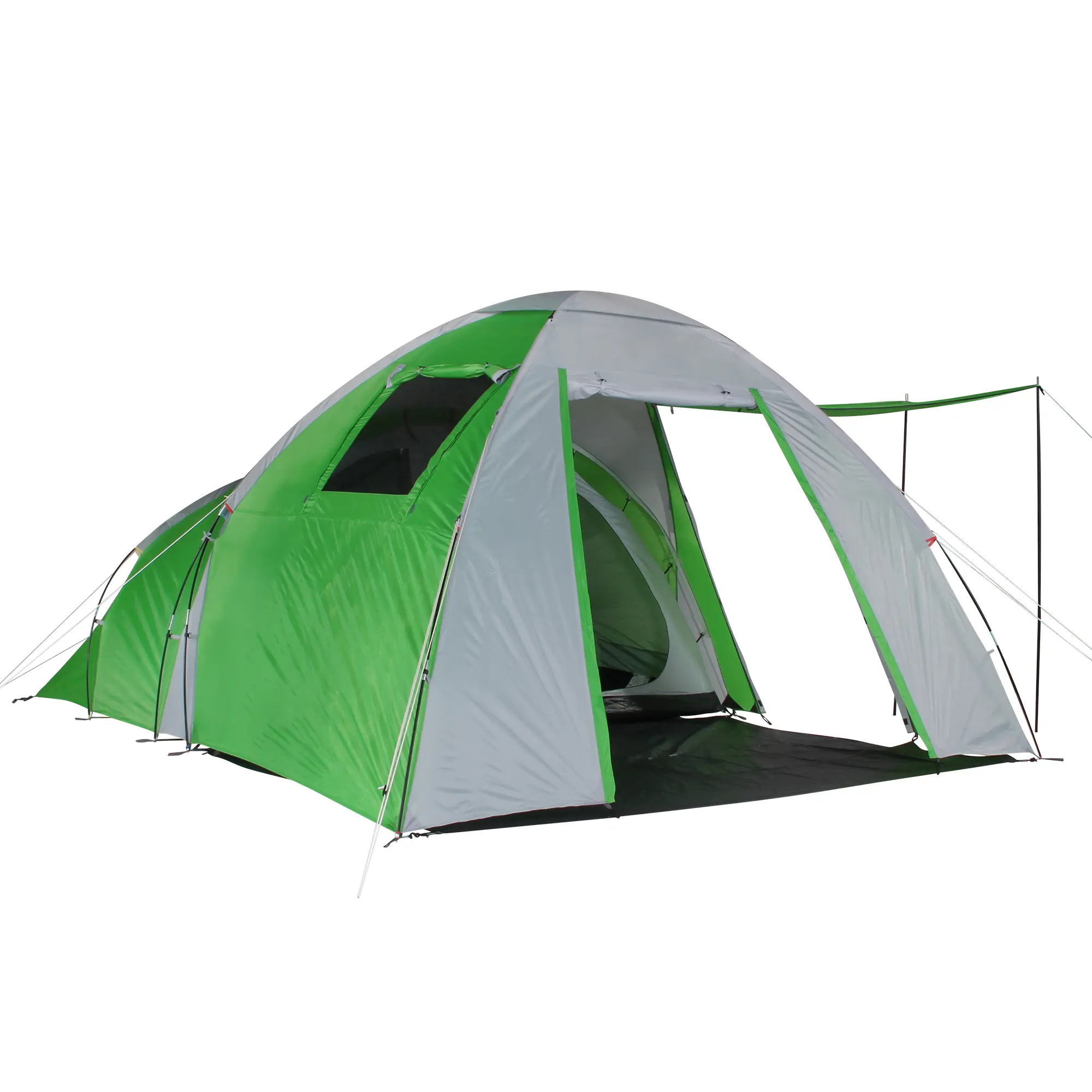Ein großes, zweifarbigen Zelt in Grün und Grau mit offenem Eingang, das auf einem schwarzen Boden liegt und für Camping im Freien geeignet ist.