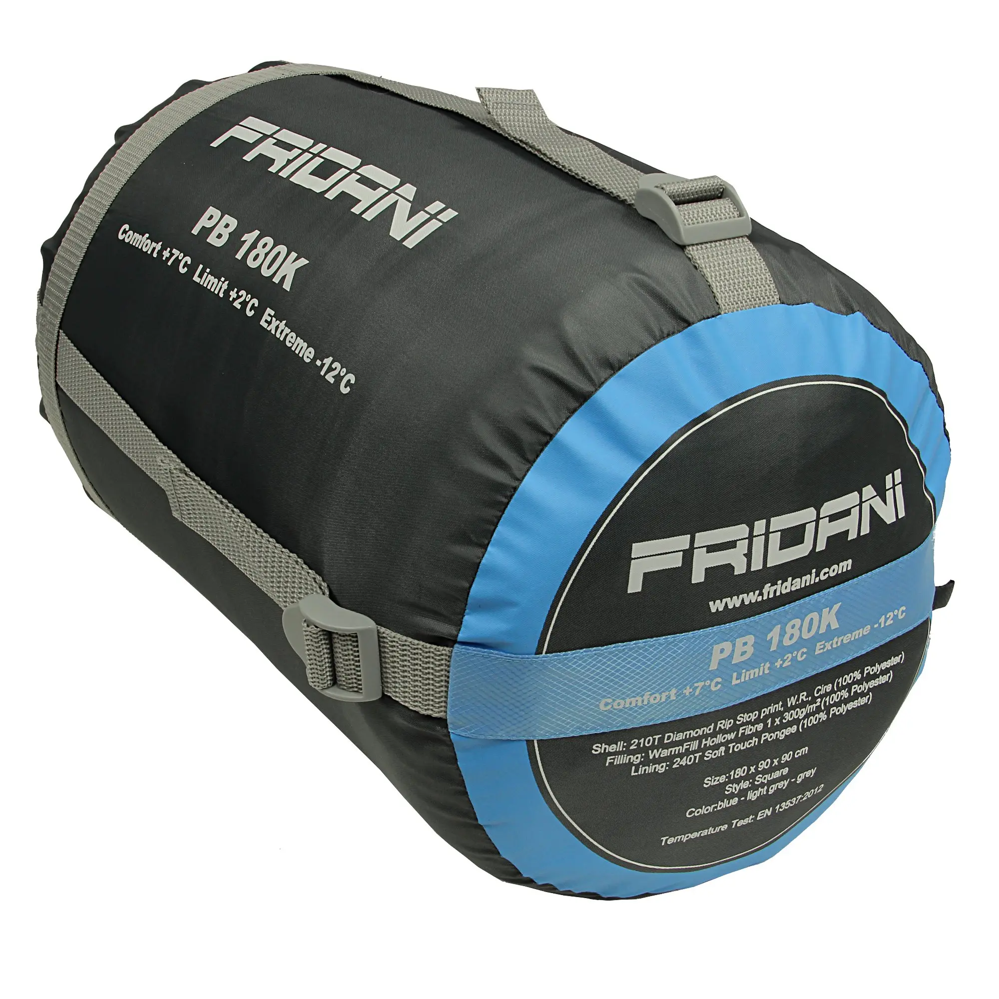 Der Alt-Text beschreibt einen komprimierten Schlafsack der Marke Fridani, Modell PB 180K, in einer schwarz-blauen Transporttasche mit grauen Gurten, die Informationen zur Komforttemperatur (+7°C), Limit (+2°C) und Extremtemperatur (-12°C) zeigt.